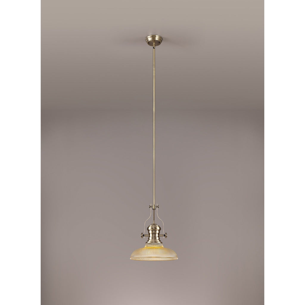 NLK01149 Louis 1 Light Telescopic Pendant With 30cm Round Glass Shade Antique Brass/Amber