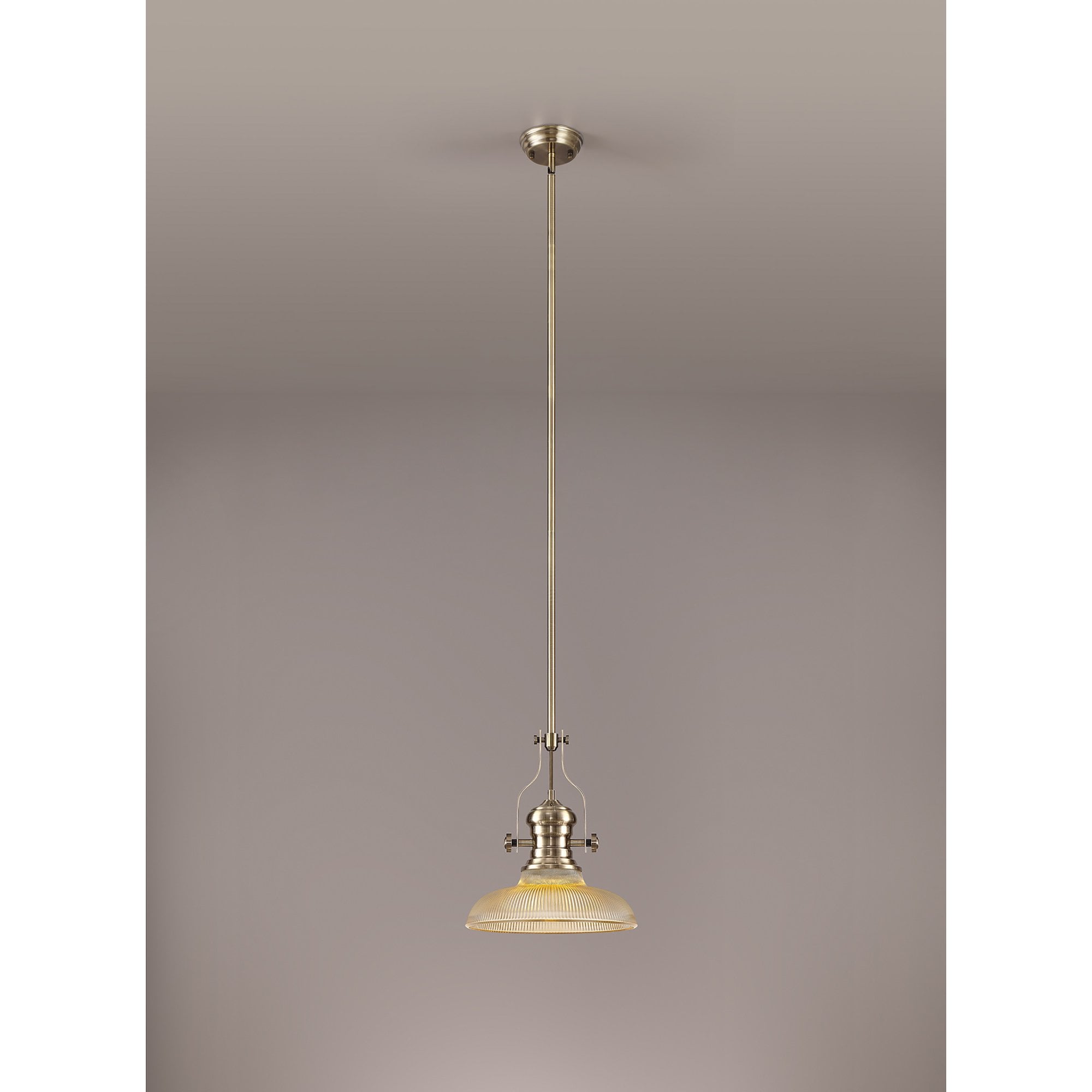 NLK01149 Louis 1 Light Telescopic Pendant With 30cm Round Glass Shade Antique Brass/Amber