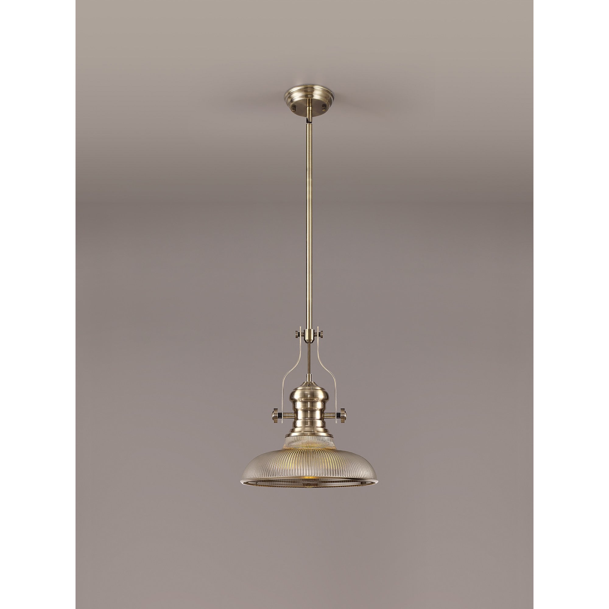 NLK01159 Louis 1 Light Telescopic Pendant With 30cm Round Glass Shade Antique Brass/Smoked
