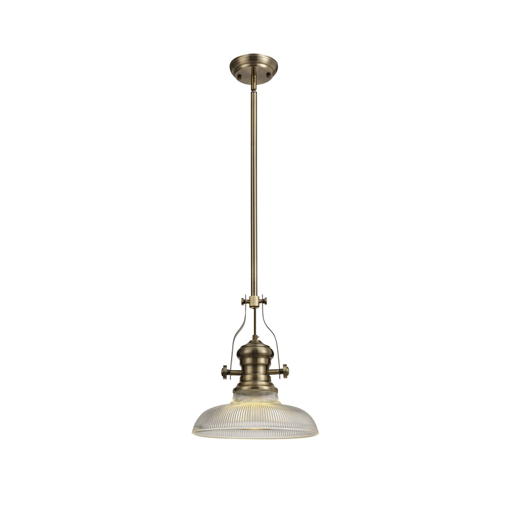 NLK01169 Louis 1 Light Telescopic Pendant With 30cm Round Glass Shade Antique Brass/Clear