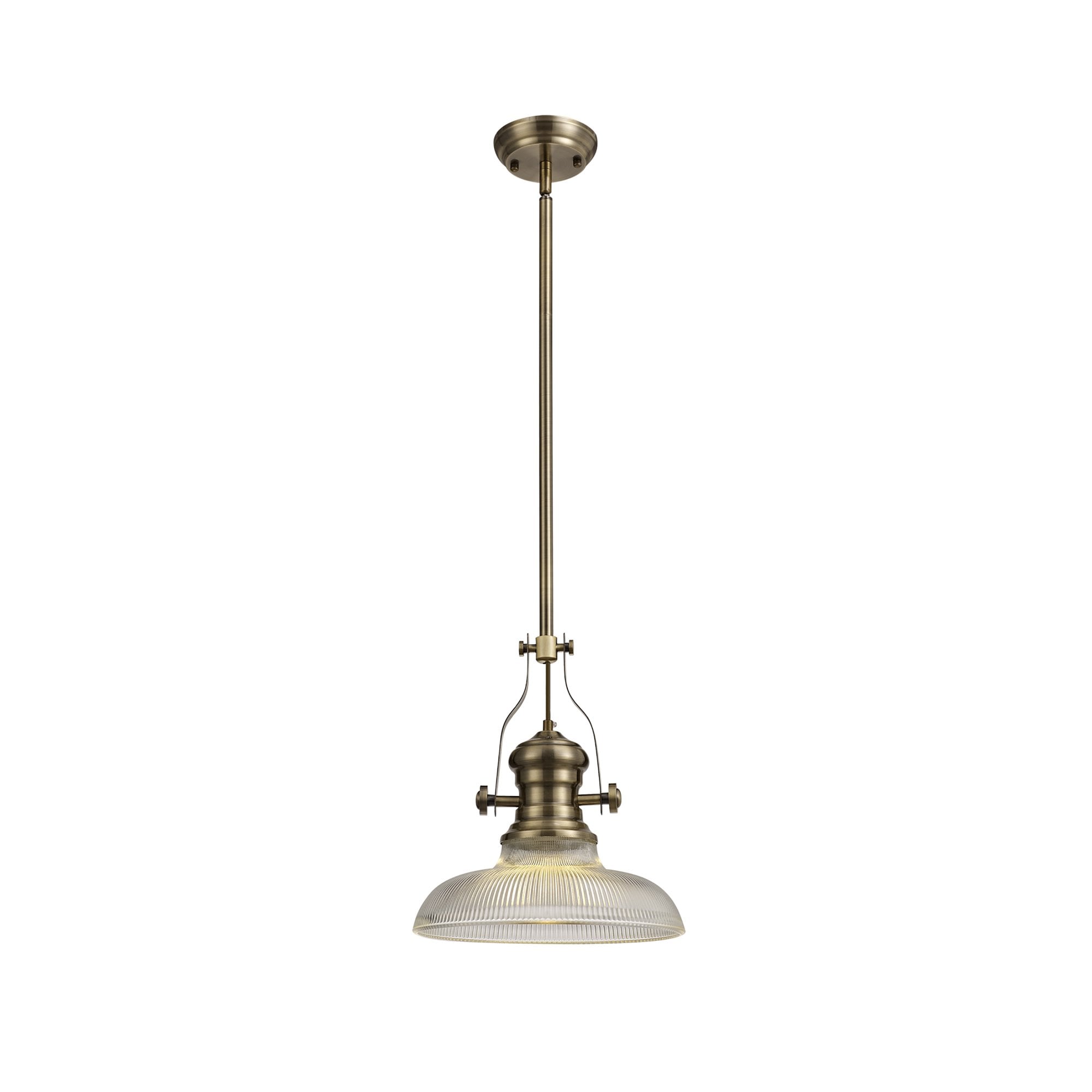 NLK01169 Louis 1 Light Telescopic Pendant With 30cm Round Glass Shade Antique Brass/Clear