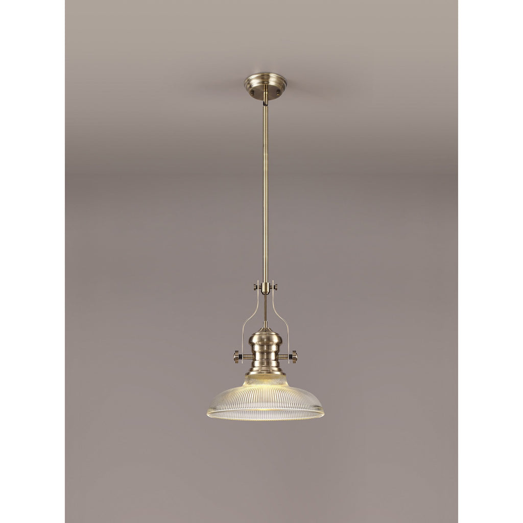 NLK01169 Louis 1 Light Telescopic Pendant With 30cm Round Glass Shade Antique Brass/Clear