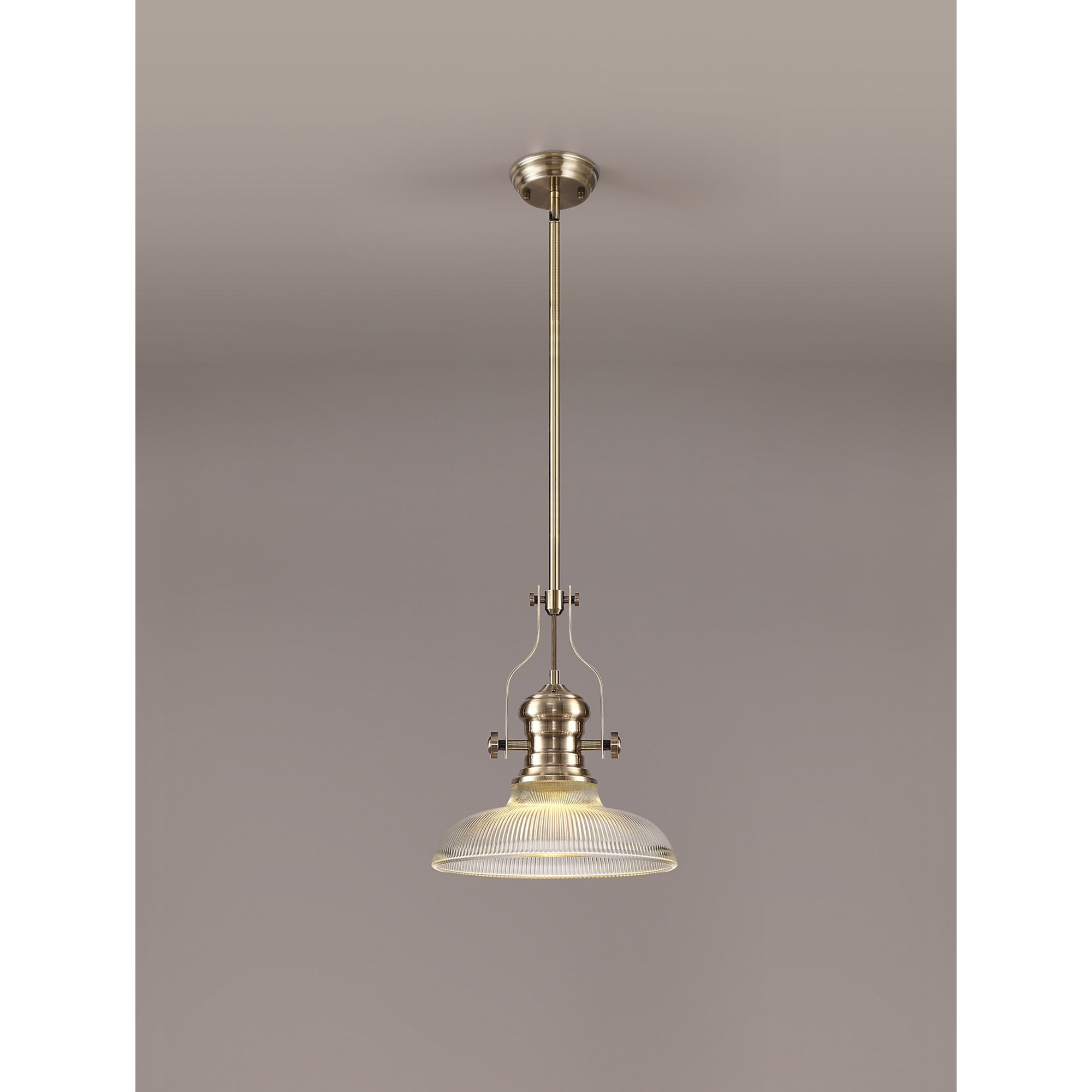 NLK01169 Louis 1 Light Telescopic Pendant With 30cm Round Glass Shade Antique Brass/Clear