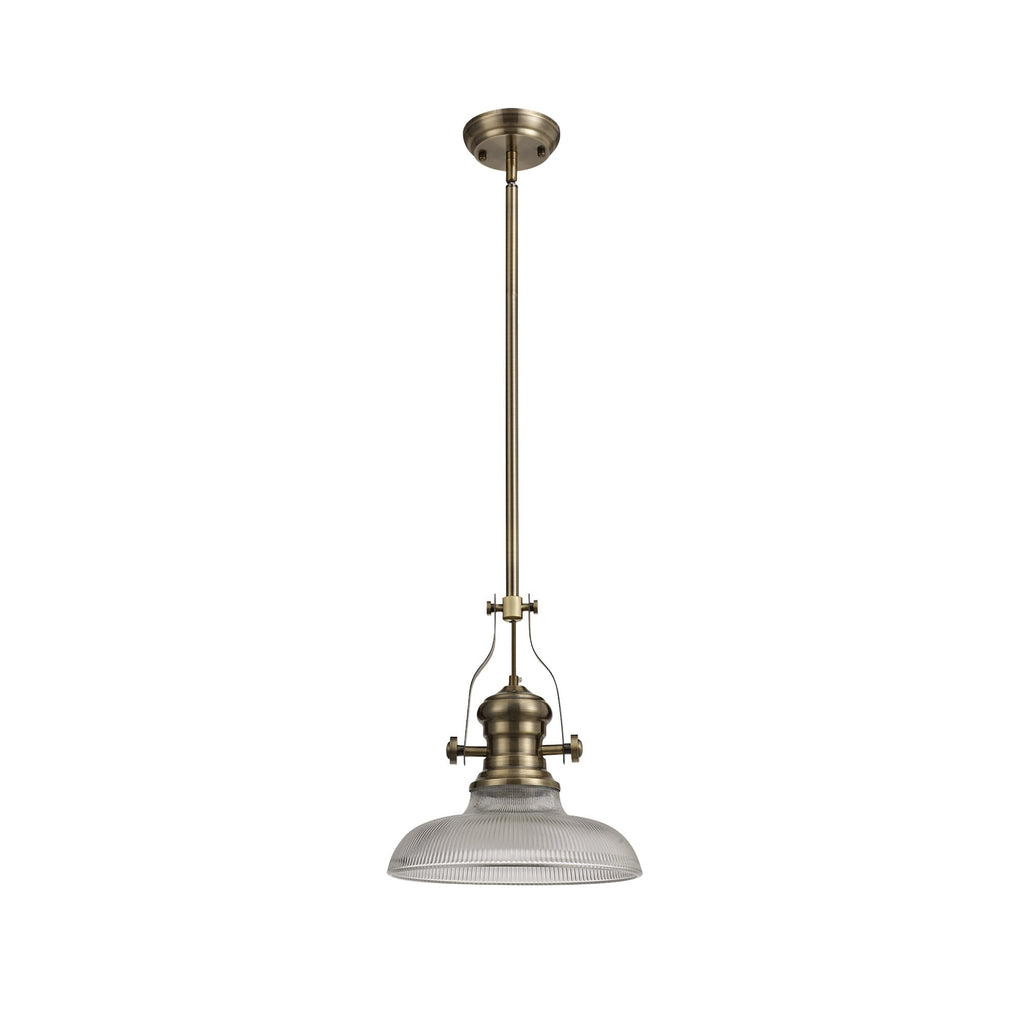 NLK01169 Louis 1 Light Telescopic Pendant With 30cm Round Glass Shade Antique Brass/Clear