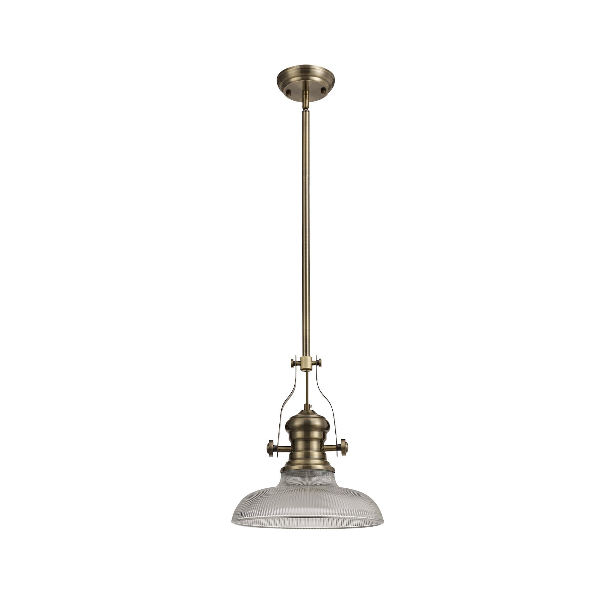 NLK01169 Louis 1 Light Telescopic Pendant With 30cm Round Glass Shade Antique Brass/Clear