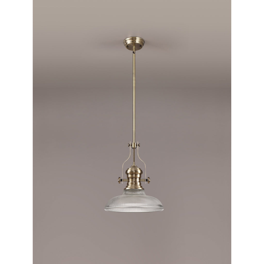 NLK01169 Louis 1 Light Telescopic Pendant With 30cm Round Glass Shade Antique Brass/Clear