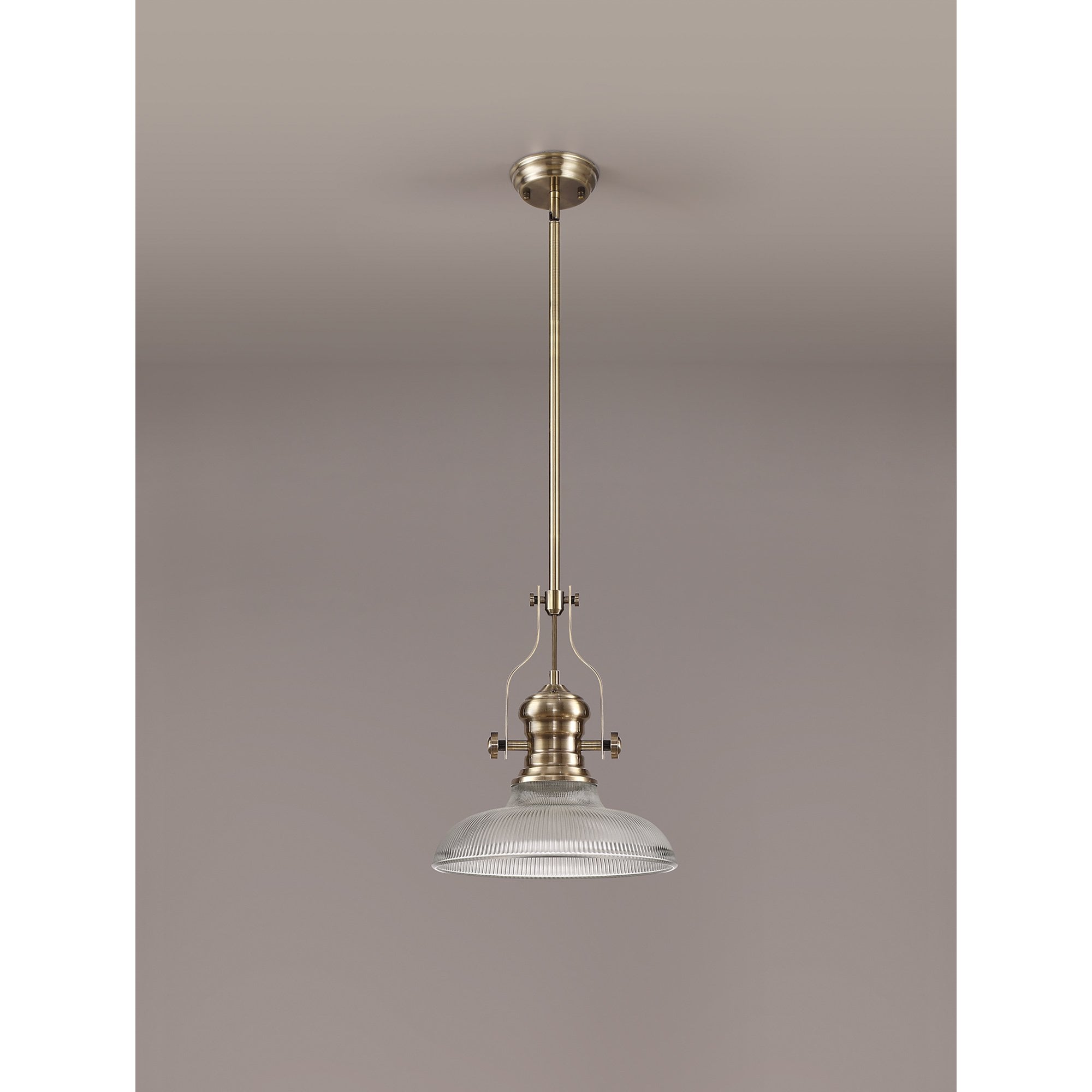 NLK01169 Louis 1 Light Telescopic Pendant With 30cm Round Glass Shade Antique Brass/Clear