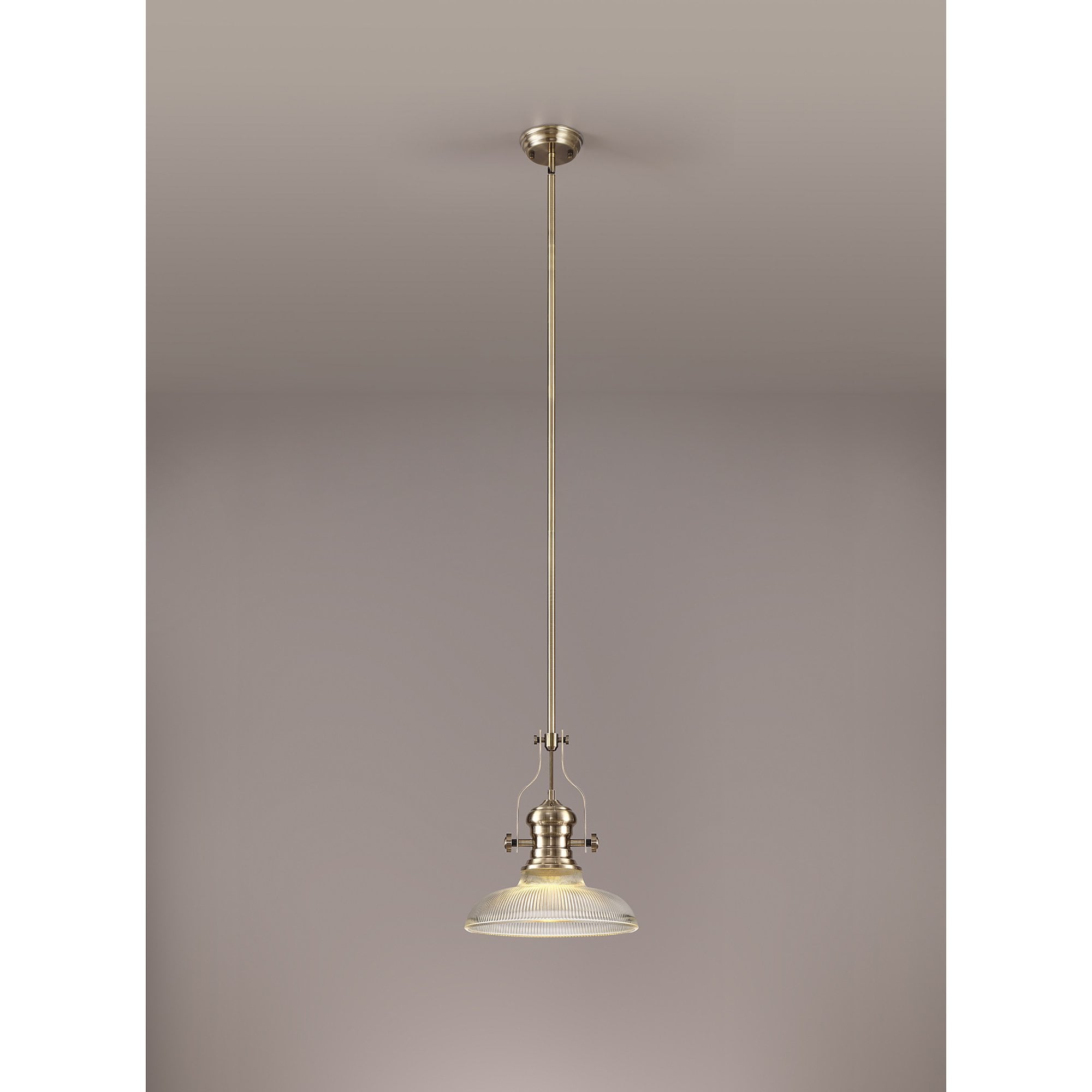 NLK01169 Louis 1 Light Telescopic Pendant With 30cm Round Glass Shade Antique Brass/Clear