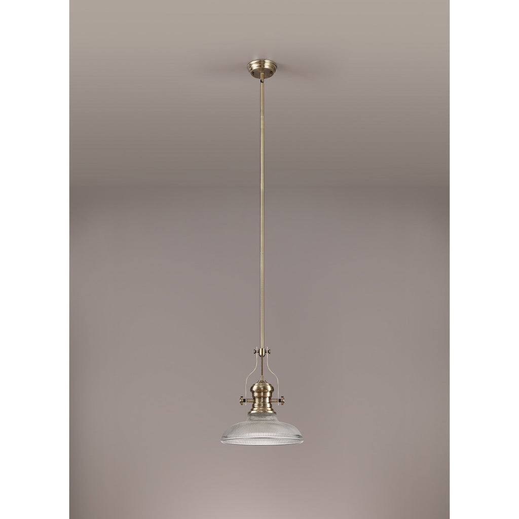 NLK01169 Louis 1 Light Telescopic Pendant With 30cm Round Glass Shade Antique Brass/Clear
