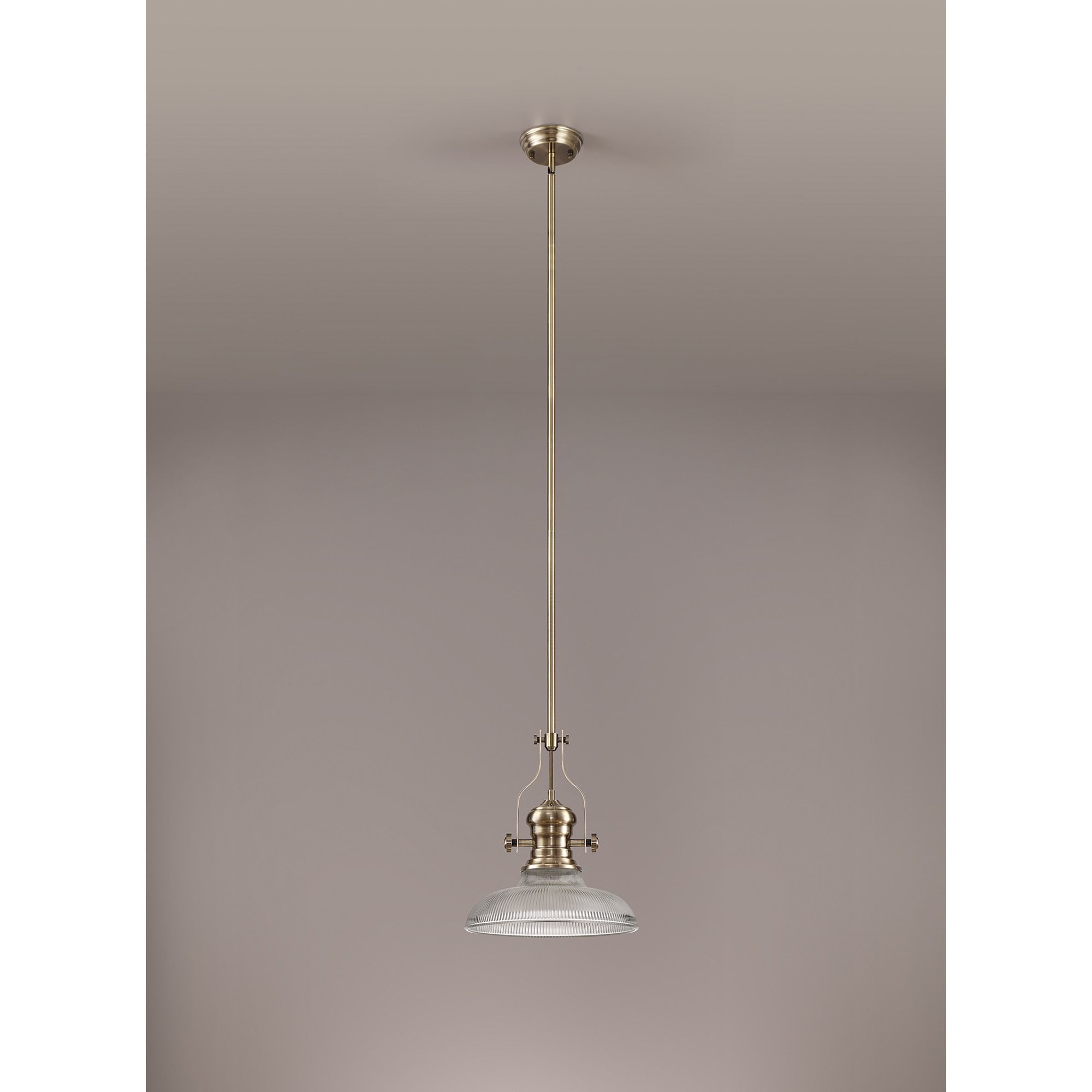 NLK01169 Louis 1 Light Telescopic Pendant With 30cm Round Glass Shade Antique Brass/Clear