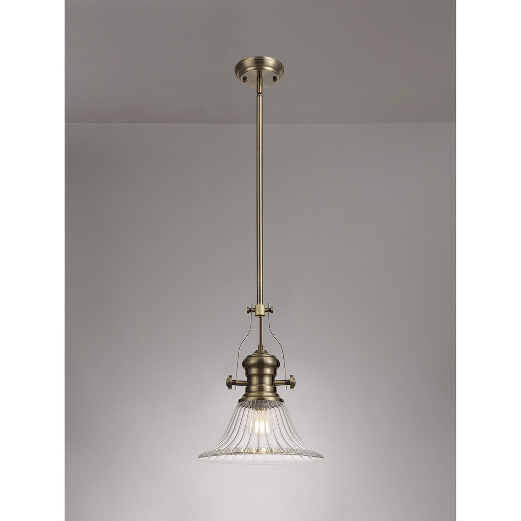 NLK01179 Louis 1 Light Telescopic Pendant With 30cm Bell Glass Shade Antique Brass/Clear