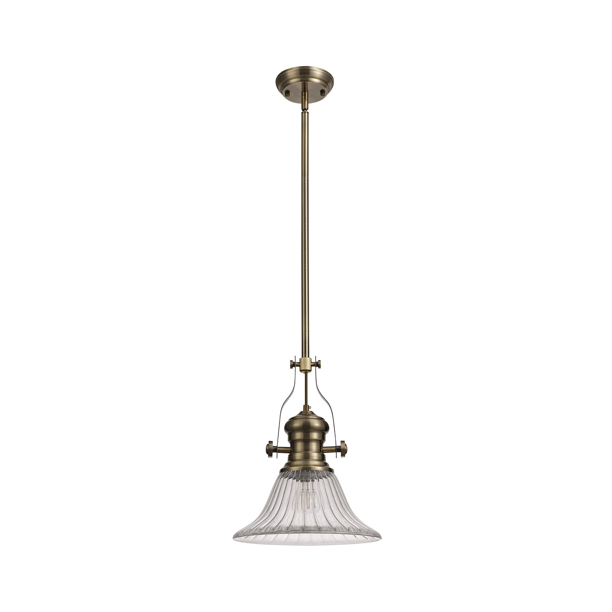 NLK01179 Louis 1 Light Telescopic Pendant With 30cm Bell Glass Shade Antique Brass/Clear