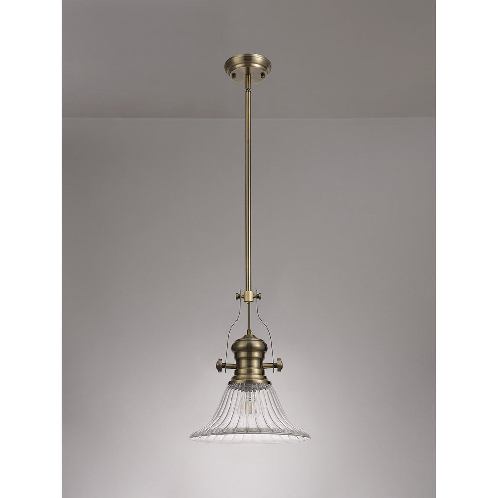 NLK01179 Louis 1 Light Telescopic Pendant With 30cm Bell Glass Shade Antique Brass/Clear