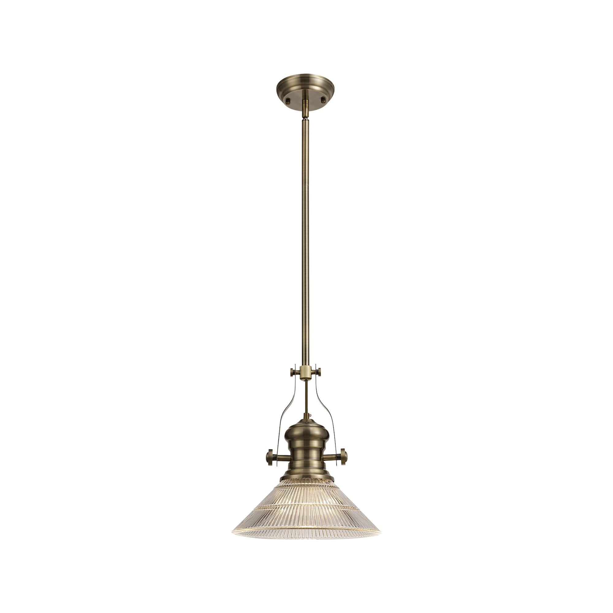 NLK01189 Louis 1 Light Telescopic Pendant With 30cm Cone Glass Shade Antique Brass/Clear