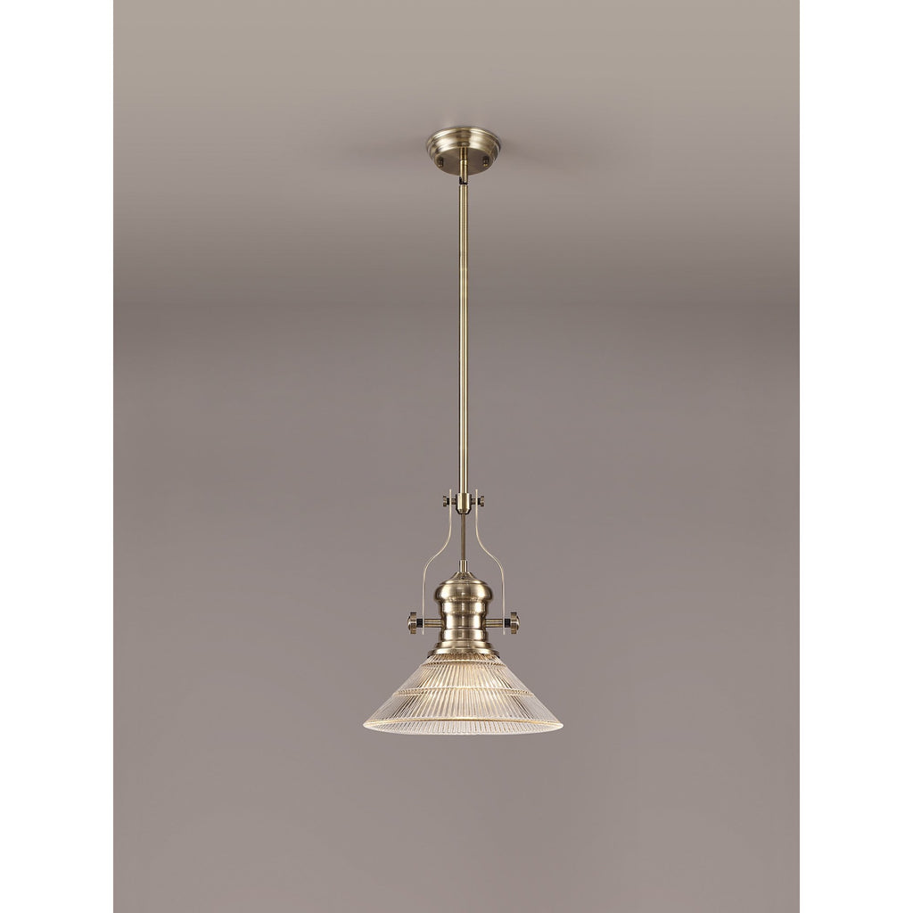 NLK01189 Louis 1 Light Telescopic Pendant With 30cm Cone Glass Shade Antique Brass/Clear