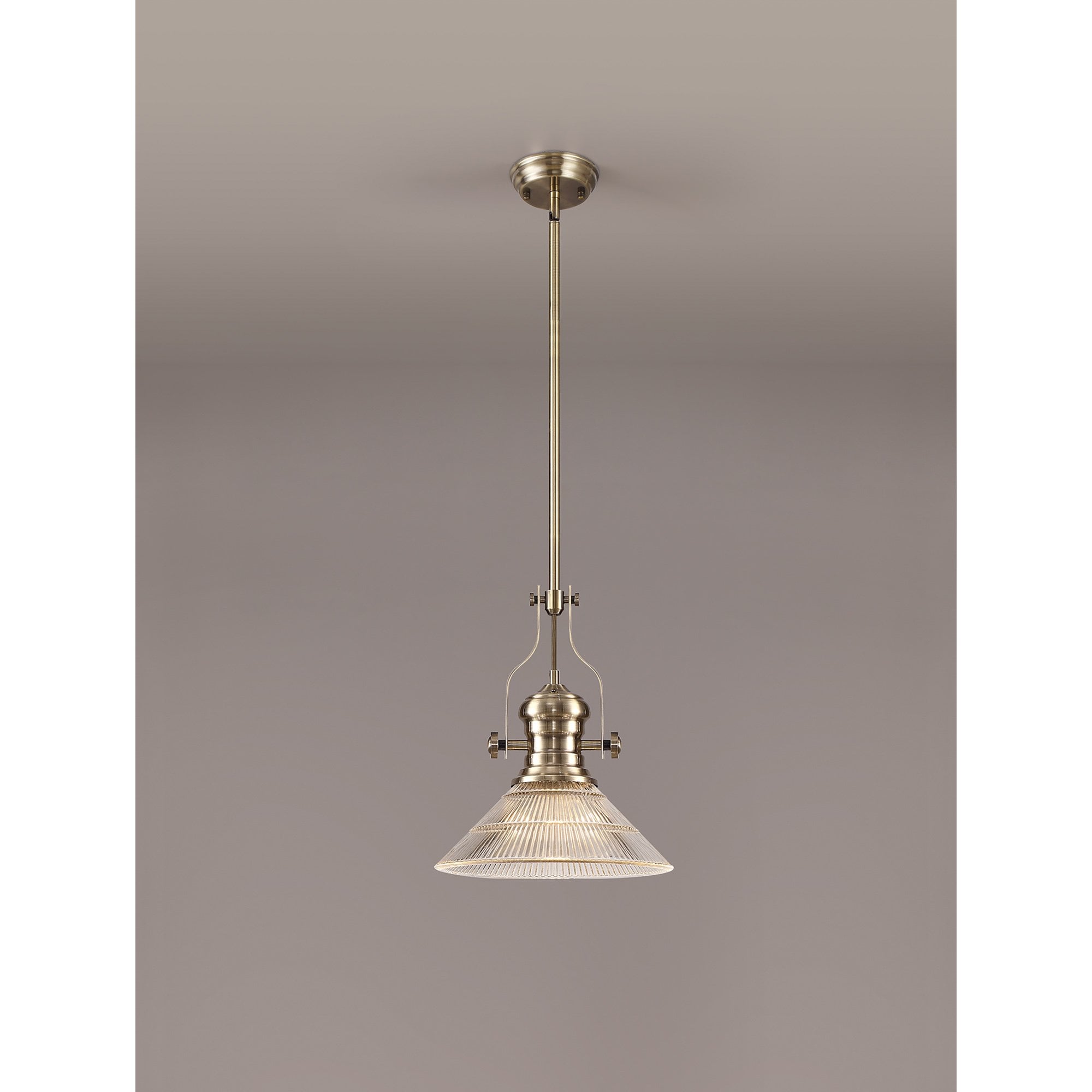 NLK01189 Louis 1 Light Telescopic Pendant With 30cm Cone Glass Shade Antique Brass/Clear