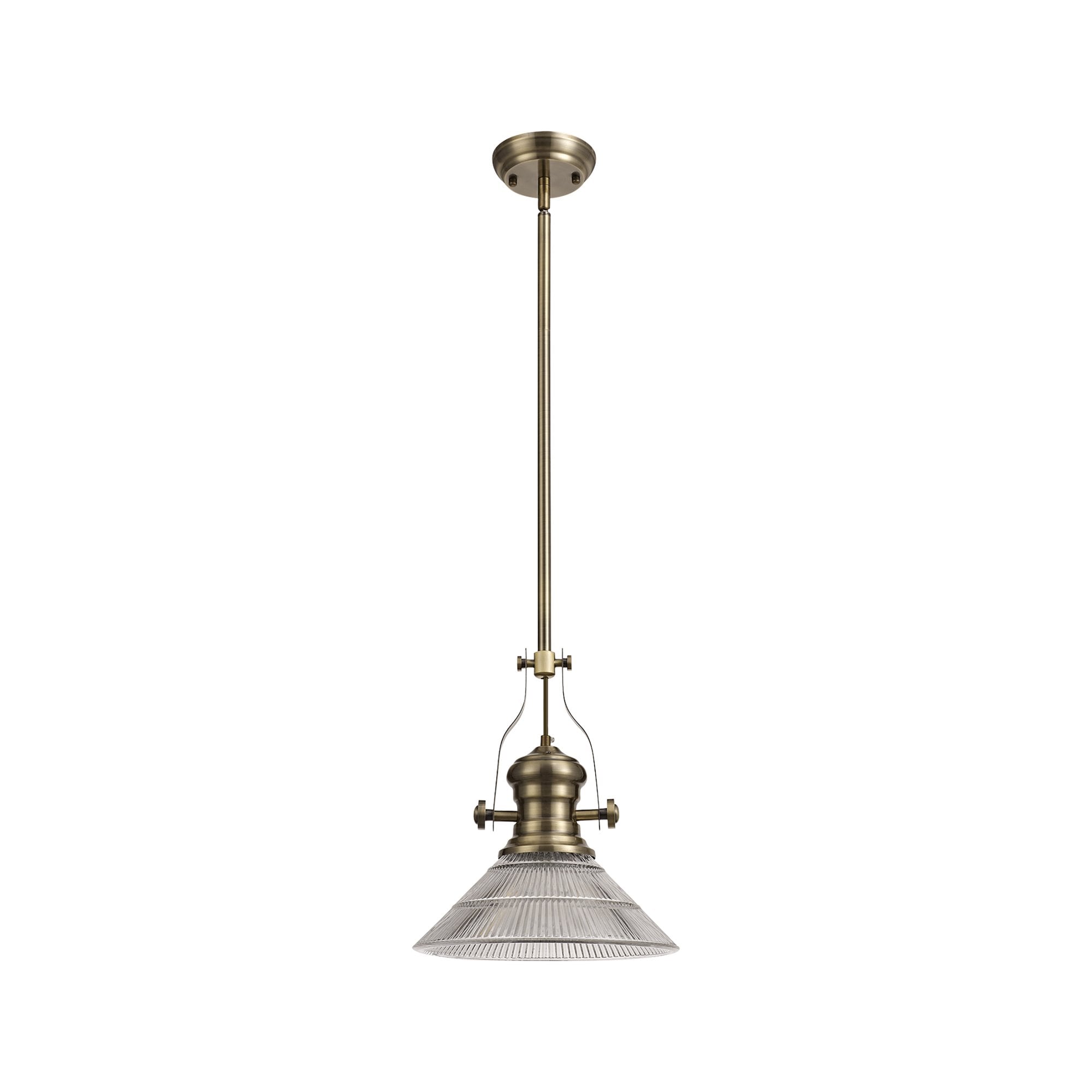 NLK01189 Louis 1 Light Telescopic Pendant With 30cm Cone Glass Shade Antique Brass/Clear