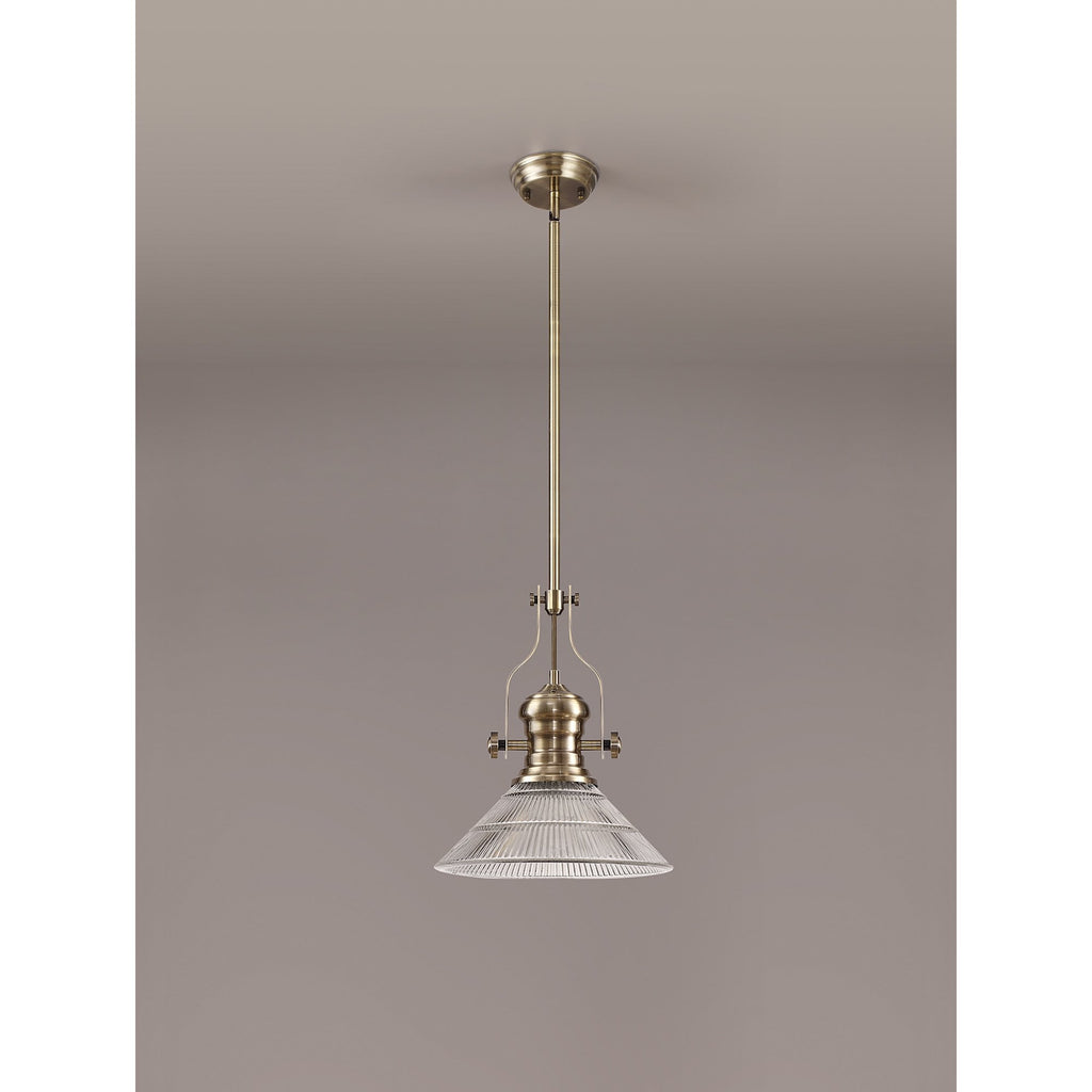 NLK01189 Louis 1 Light Telescopic Pendant With 30cm Cone Glass Shade Antique Brass/Clear