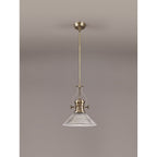 NLK01189 Louis 1 Light Telescopic Pendant With 30cm Cone Glass Shade Antique Brass/Clear