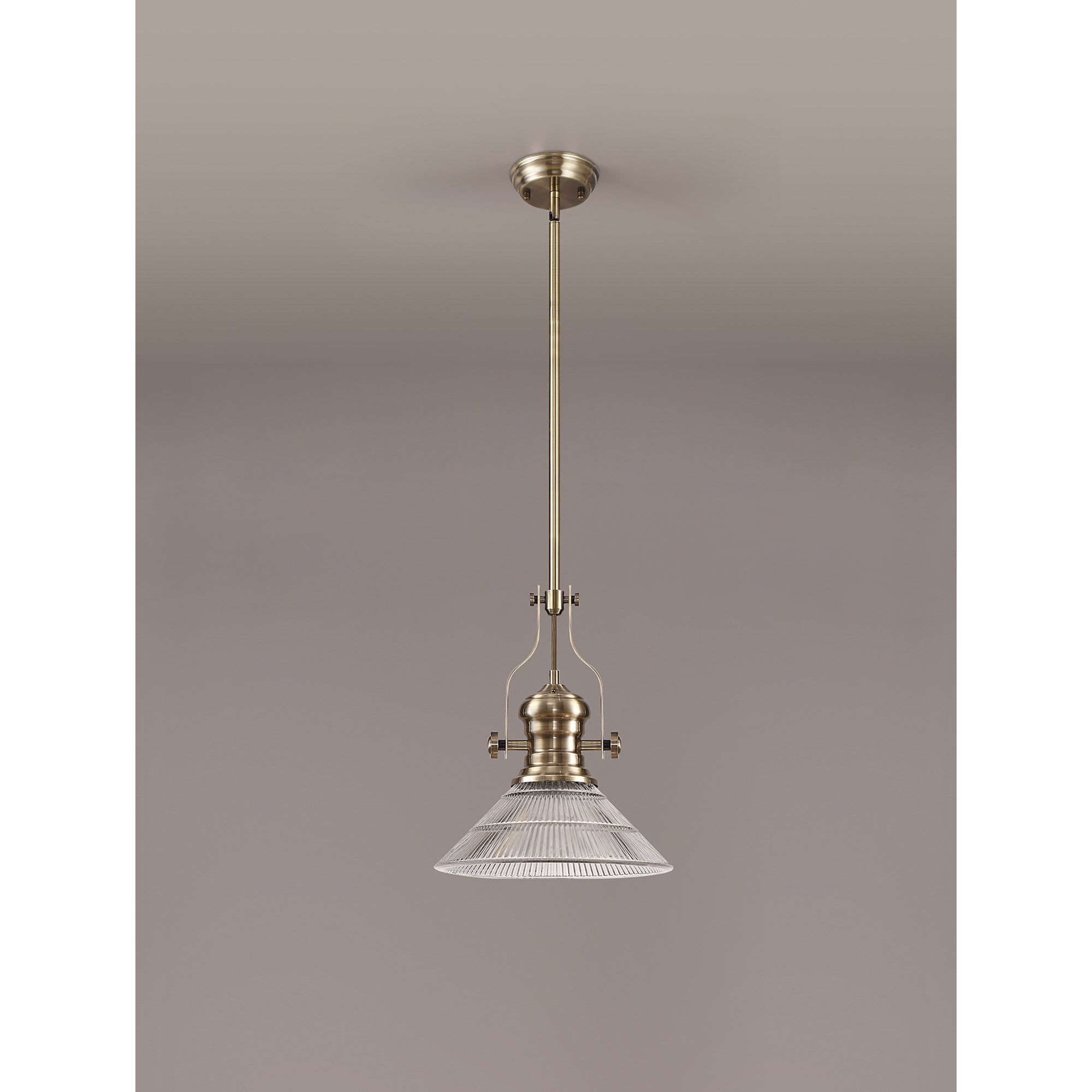NLK01189 Louis 1 Light Telescopic Pendant With 30cm Cone Glass Shade Antique Brass/Clear