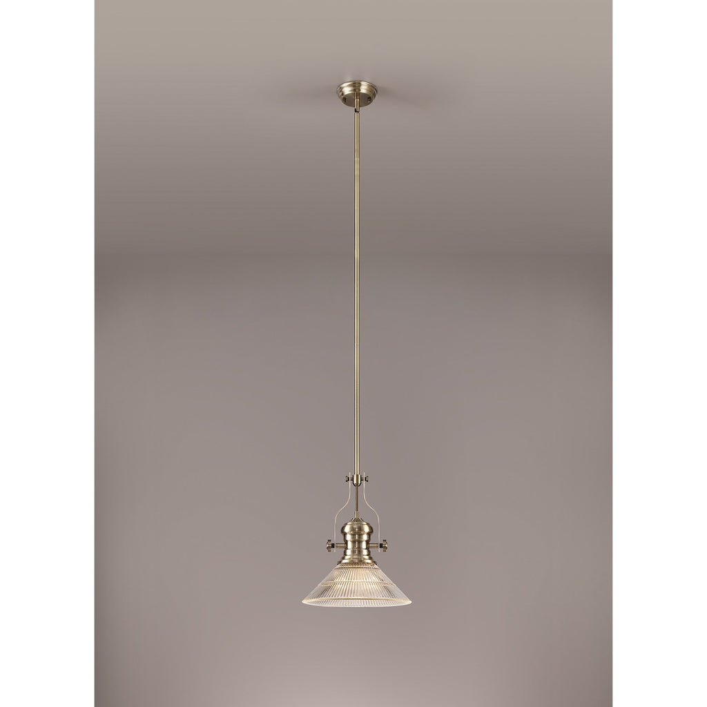 NLK01189 Louis 1 Light Telescopic Pendant With 30cm Cone Glass Shade Antique Brass/Clear