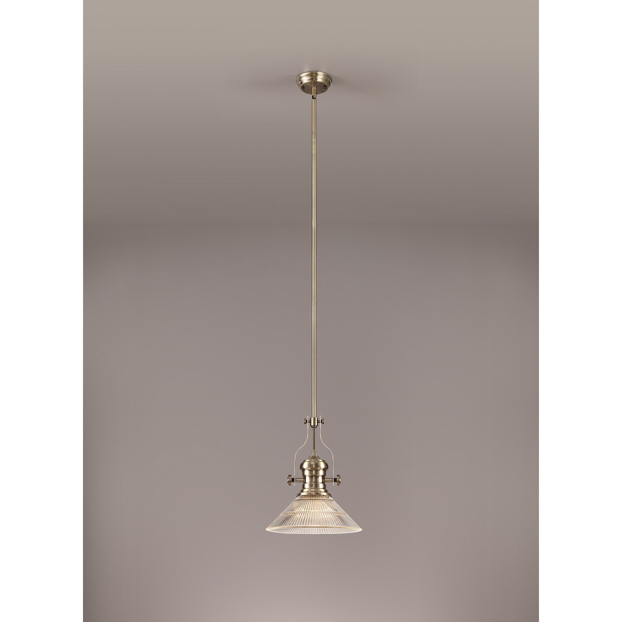 NLK01189 Louis 1 Light Telescopic Pendant With 30cm Cone Glass Shade Antique Brass/Clear