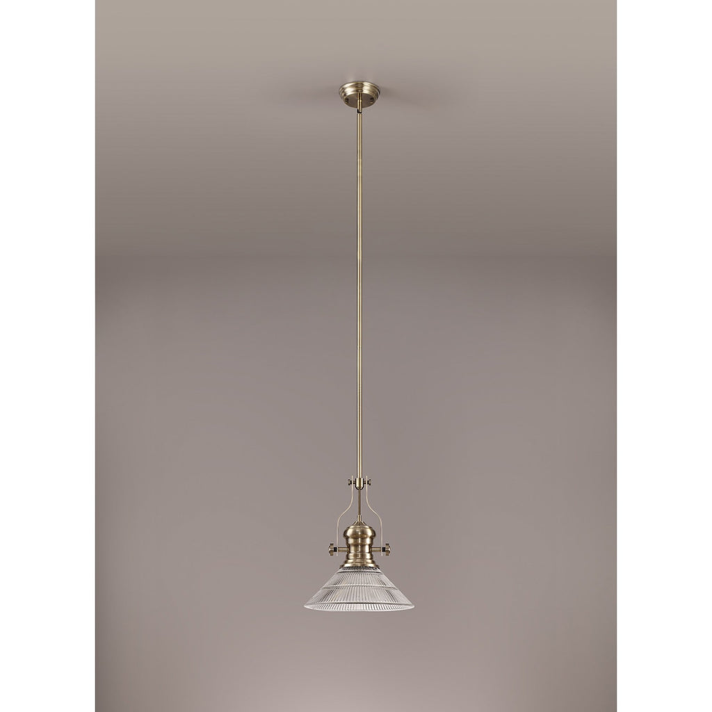 NLK01189 Louis 1 Light Telescopic Pendant With 30cm Cone Glass Shade Antique Brass/Clear
