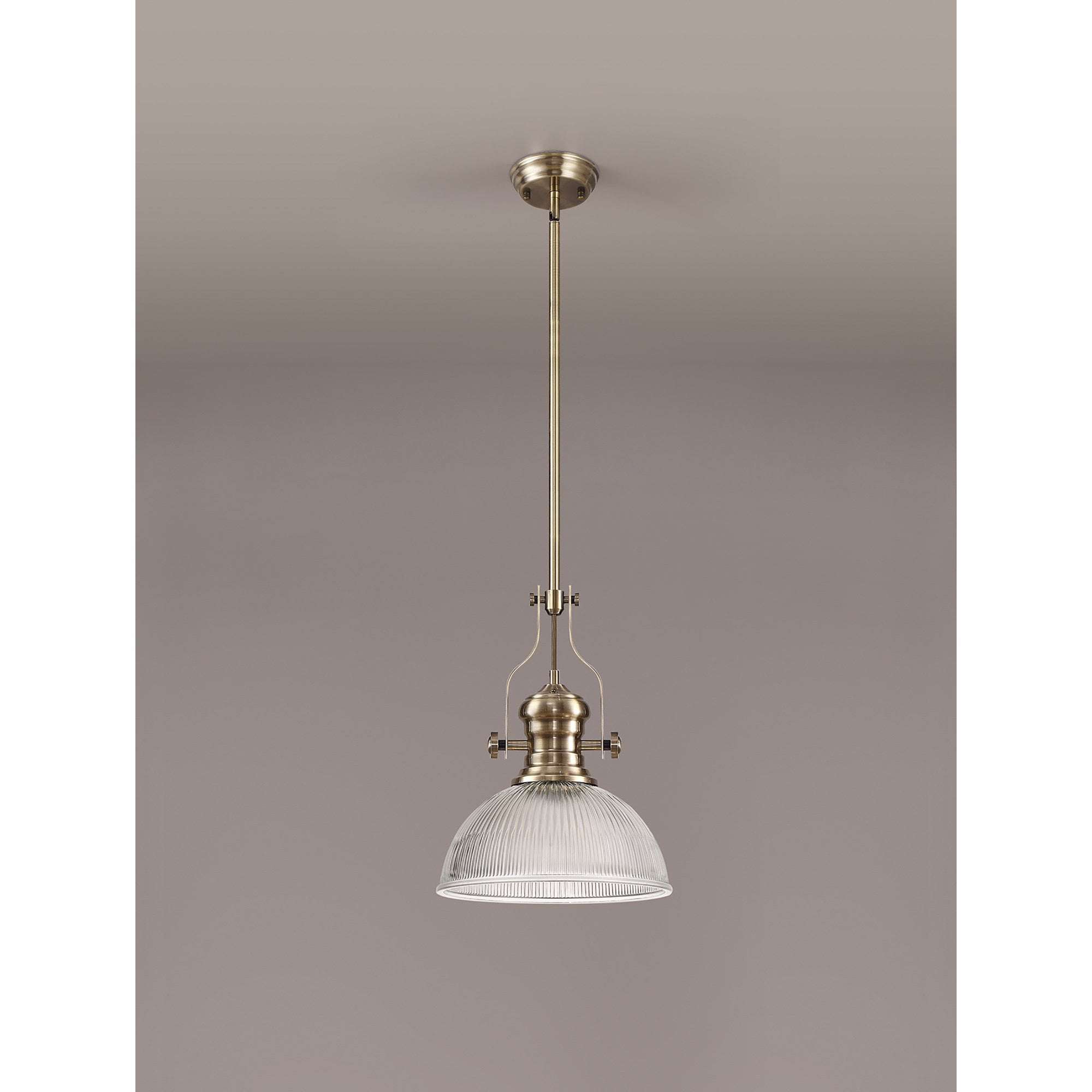 NLK01199 Louis 1 Light Telescopic Pendant With 30cm Dome Glass Shade Antique Brass/Clear