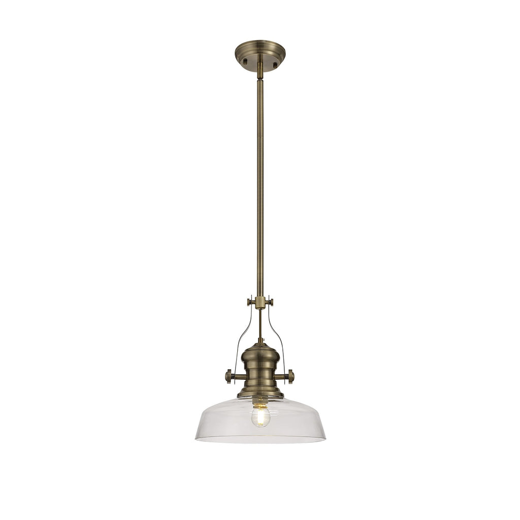 NLK01219 Louis 1 Light Telescopic Pendant With 30cm Flat Round Glass Shade Antique Brass/Clear