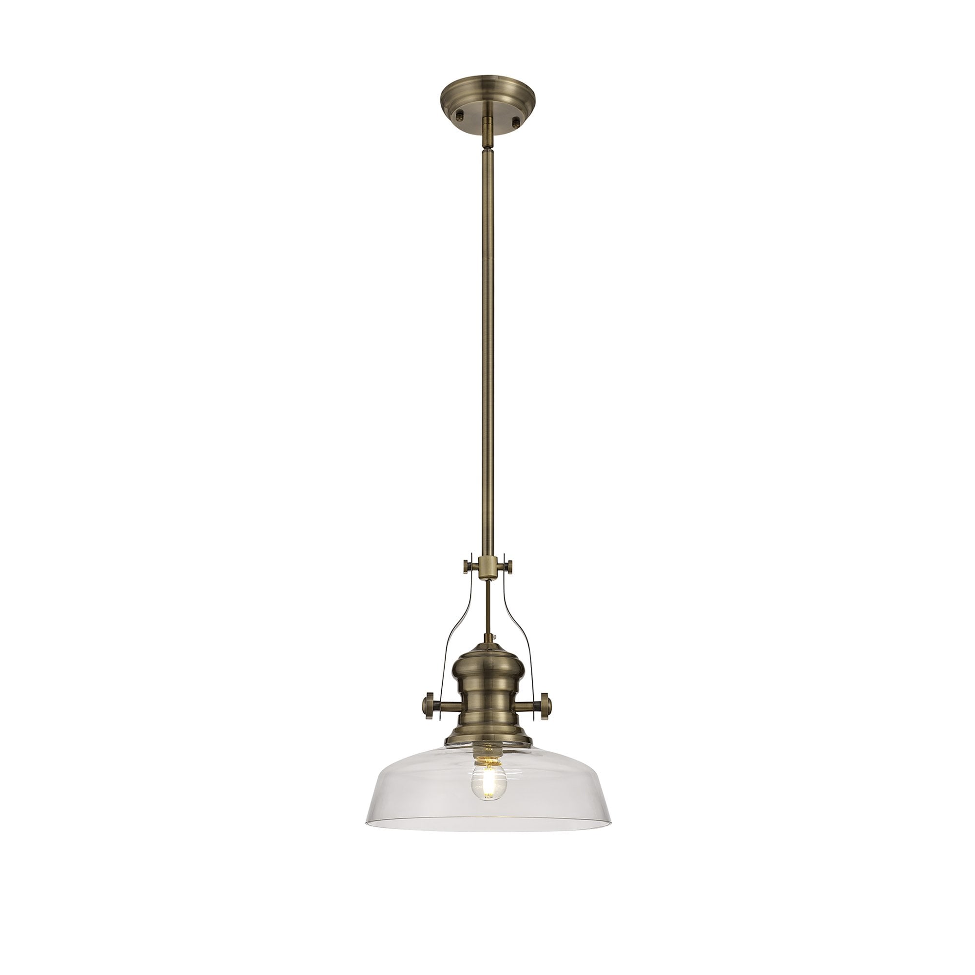 NLK01219 Louis 1 Light Telescopic Pendant With 30cm Flat Round Glass Shade Antique Brass/Clear