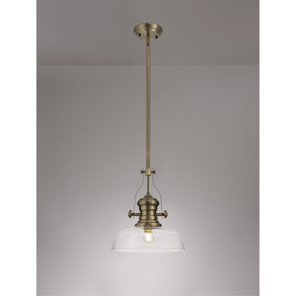 NLK01219 Louis 1 Light Telescopic Pendant With 30cm Flat Round Glass Shade Antique Brass/Clear