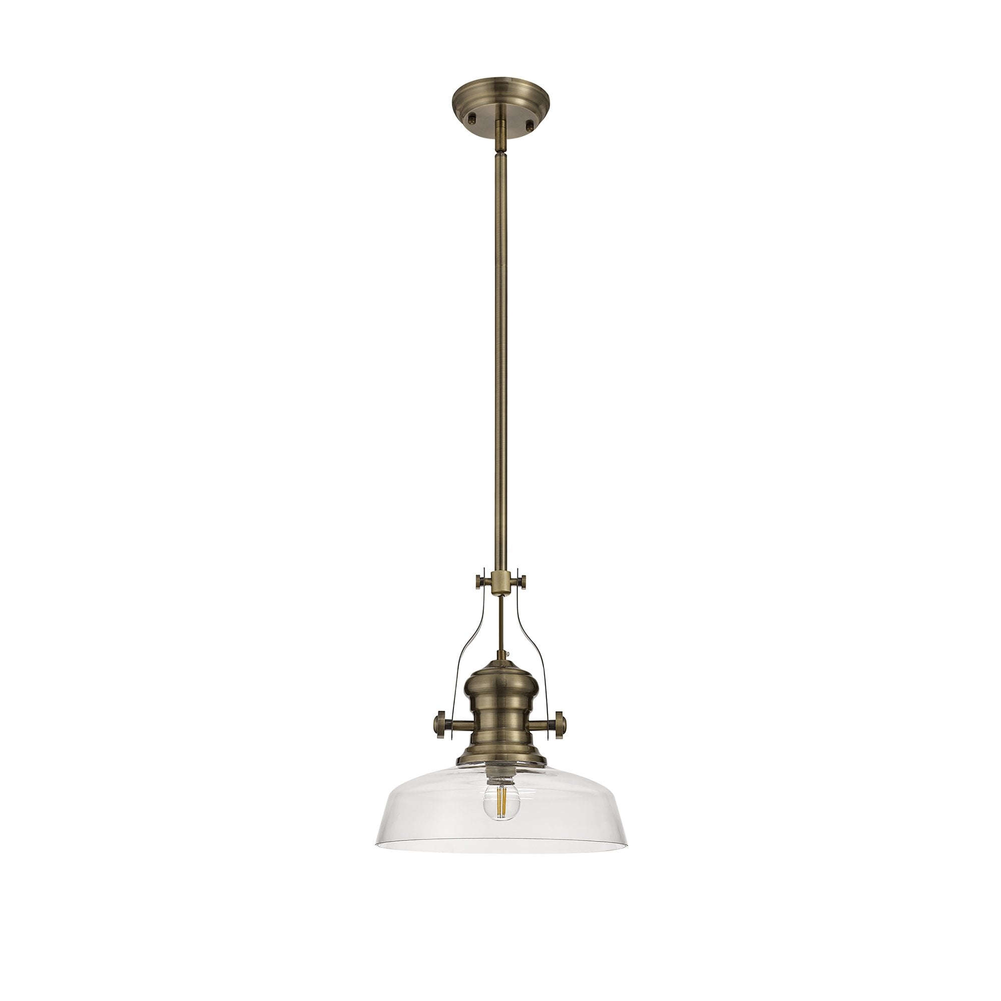NLK01219 Louis 1 Light Telescopic Pendant With 30cm Flat Round Glass Shade Antique Brass/Clear