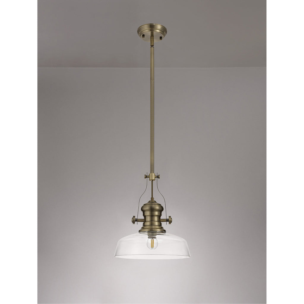 NLK01219 Louis 1 Light Telescopic Pendant With 30cm Flat Round Glass Shade Antique Brass/Clear