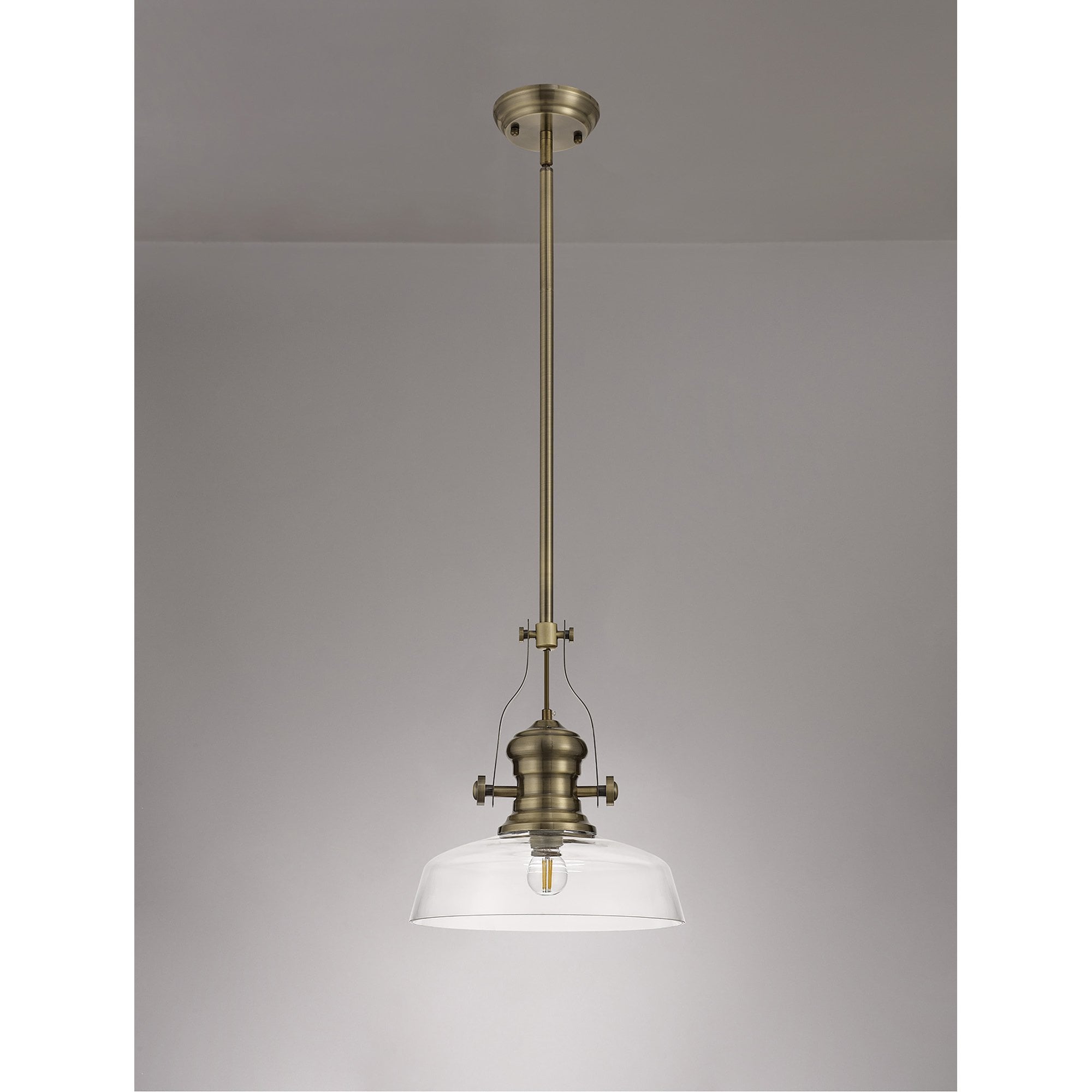 NLK01219 Louis 1 Light Telescopic Pendant With 30cm Flat Round Glass Shade Antique Brass/Clear