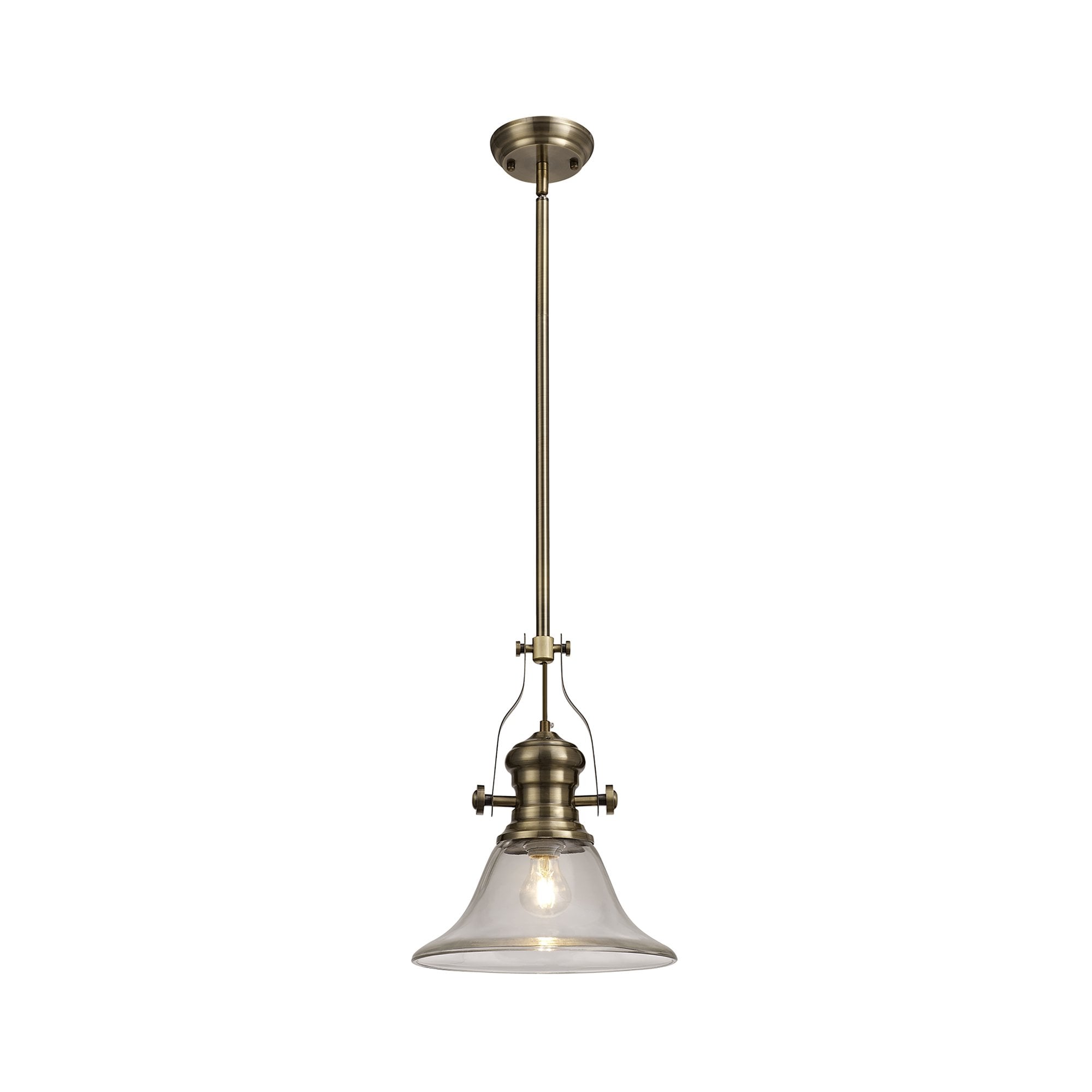 NLK01229 Louis 1 Light Telescopic Pendant With 30cm Smooth Bell Glass Shade Antique Brass/Clear