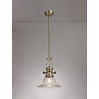 NLK01229 Louis 1 Light Telescopic Pendant With 30cm Smooth Bell Glass Shade Antique Brass/Clear