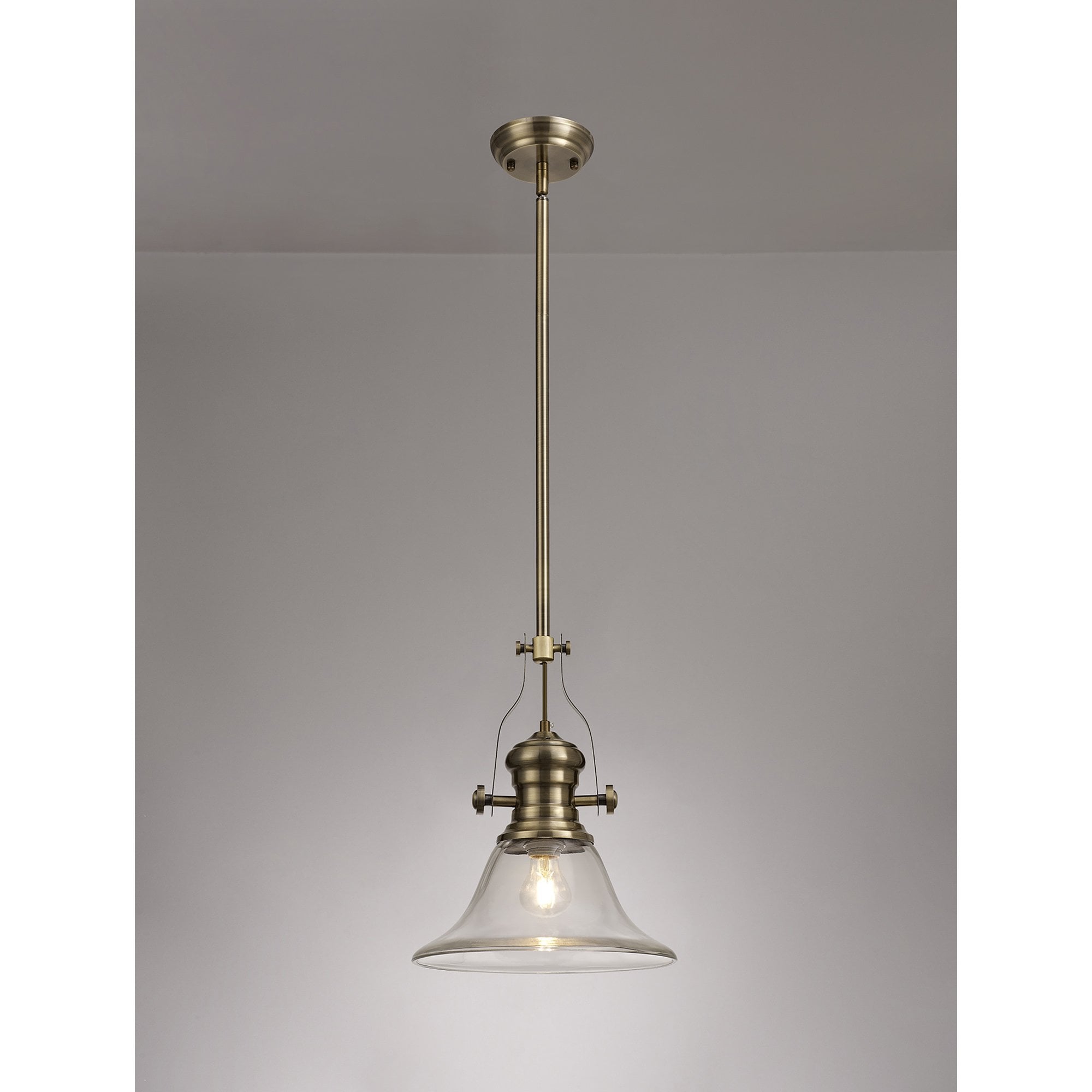 NLK01229 Louis 1 Light Telescopic Pendant With 30cm Smooth Bell Glass Shade Antique Brass/Clear