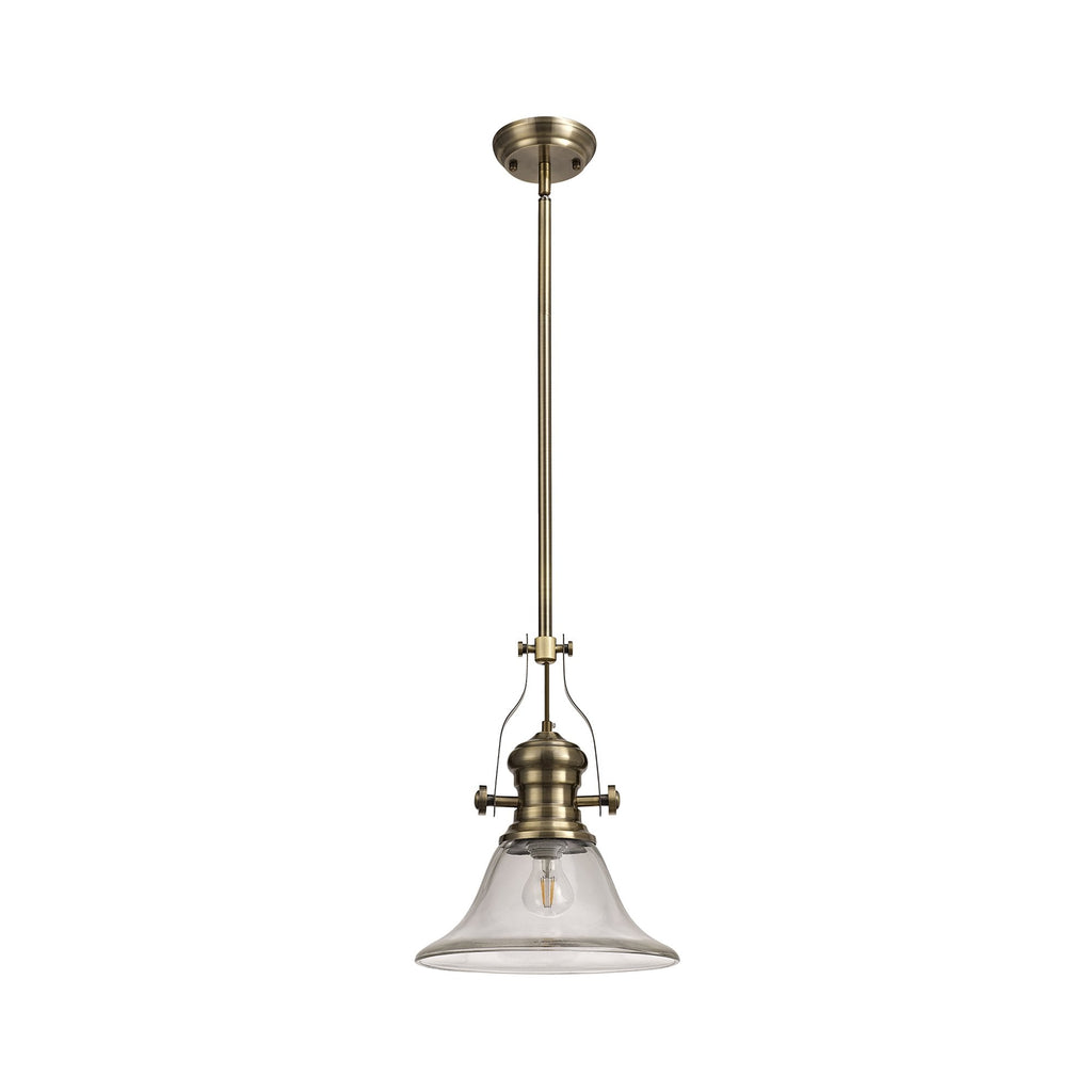 NLK01229 Louis 1 Light Telescopic Pendant With 30cm Smooth Bell Glass Shade Antique Brass/Clear