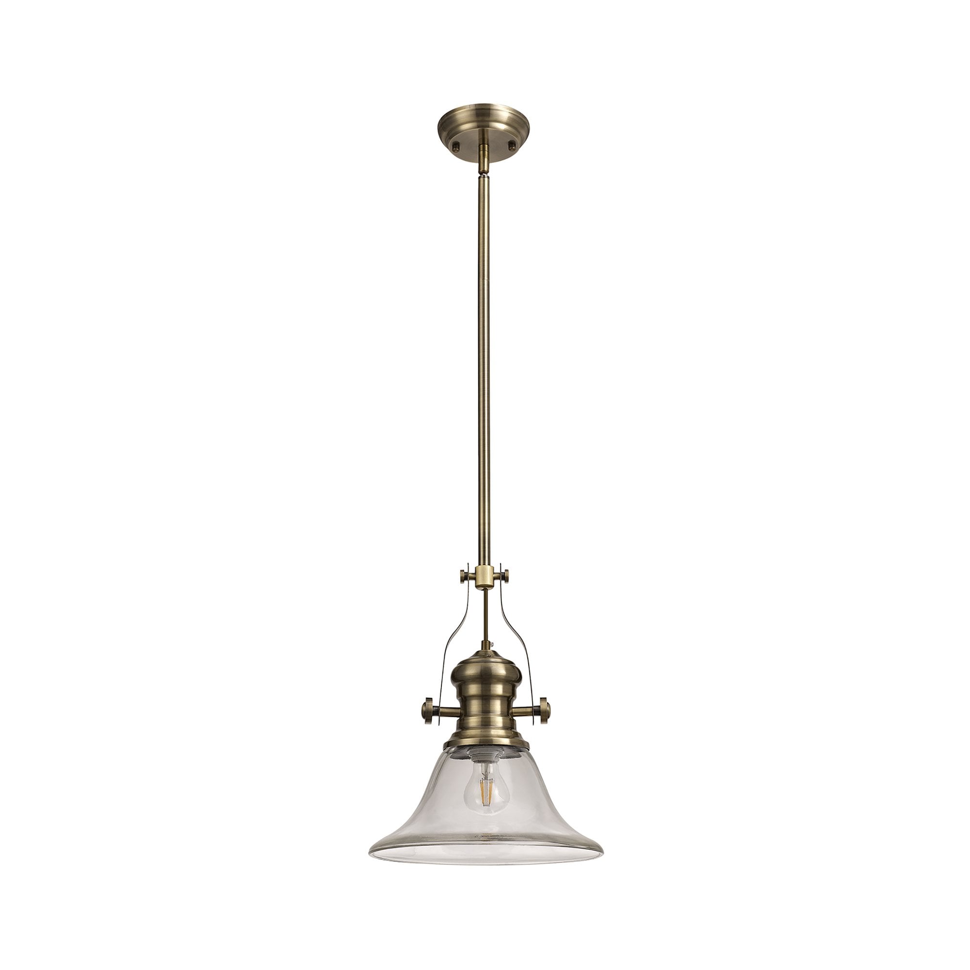 NLK01229 Louis 1 Light Telescopic Pendant With 30cm Smooth Bell Glass Shade Antique Brass/Clear