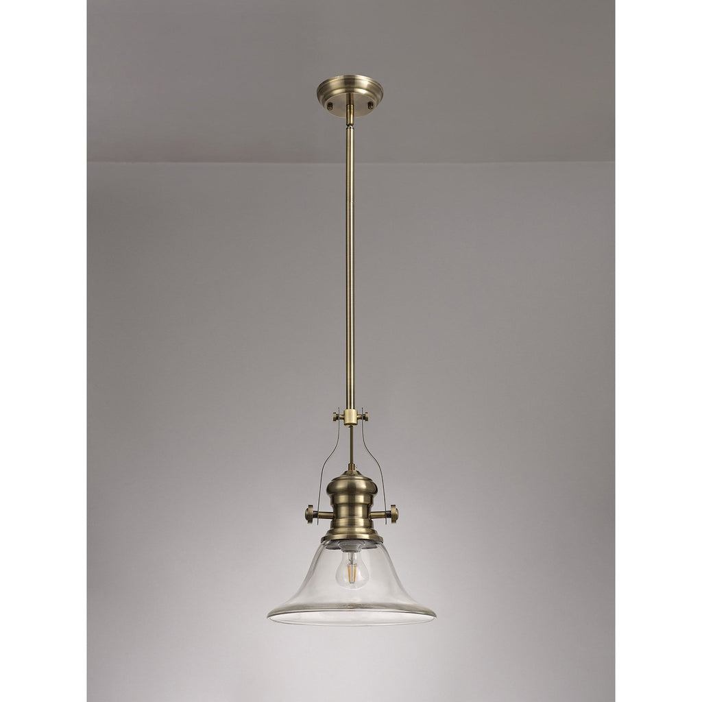 NLK01229 Louis 1 Light Telescopic Pendant With 30cm Smooth Bell Glass Shade Antique Brass/Clear