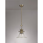 NLK01229 Louis 1 Light Telescopic Pendant With 30cm Smooth Bell Glass Shade Antique Brass/Clear