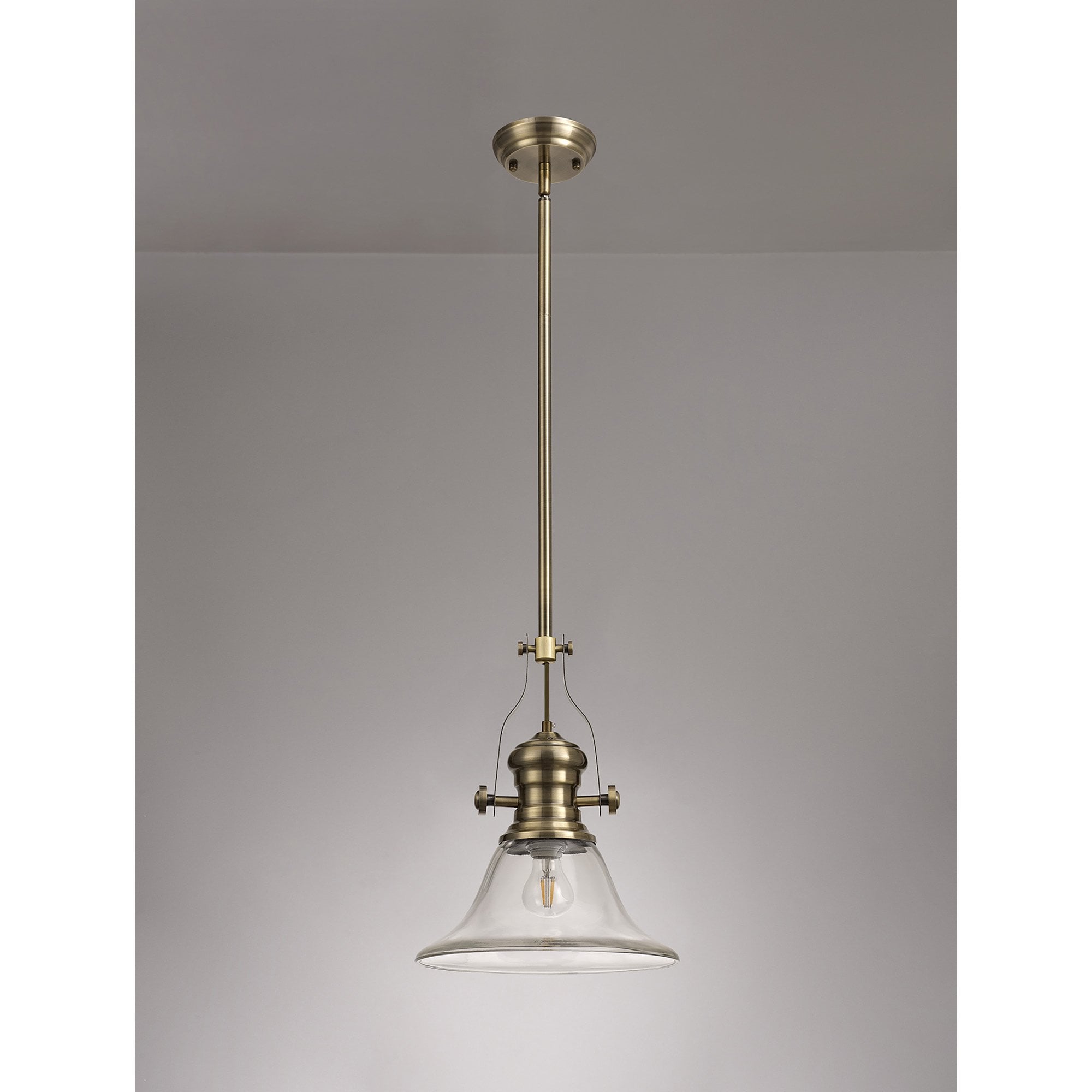 NLK01229 Louis 1 Light Telescopic Pendant With 30cm Smooth Bell Glass Shade Antique Brass/Clear