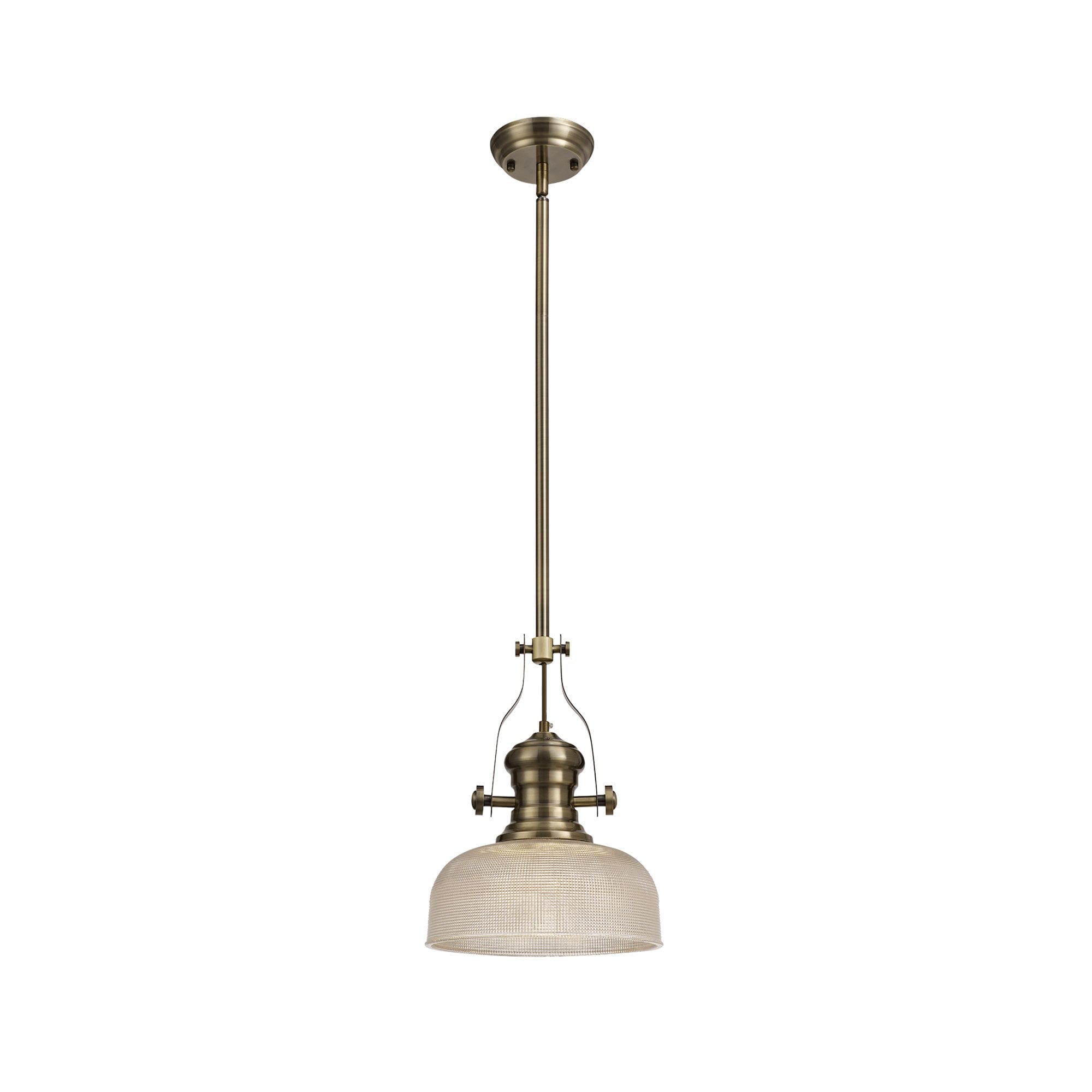 NLK01239 Louis 1 Light Telescopic Pendant With 26.5cm Prismatic Glass Shade Antique Brass/Clear