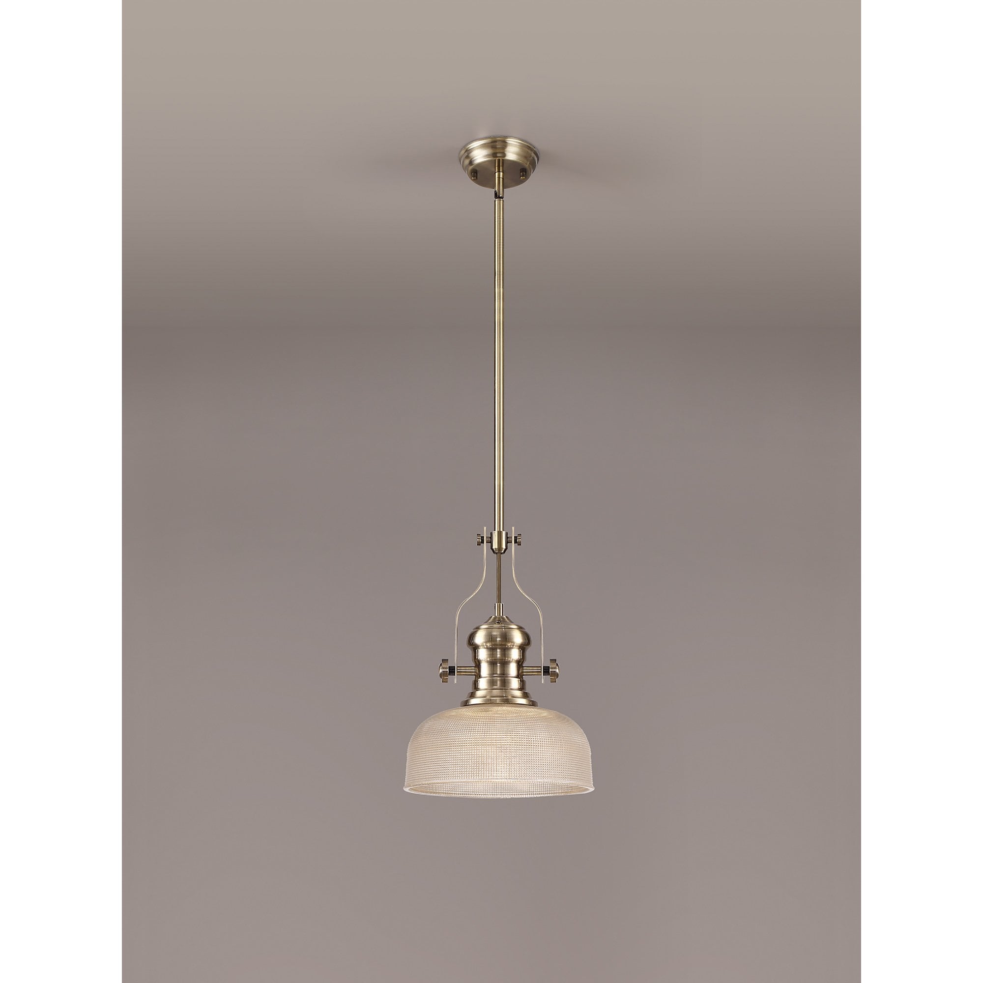 NLK01239 Louis 1 Light Telescopic Pendant With 26.5cm Prismatic Glass Shade Antique Brass/Clear