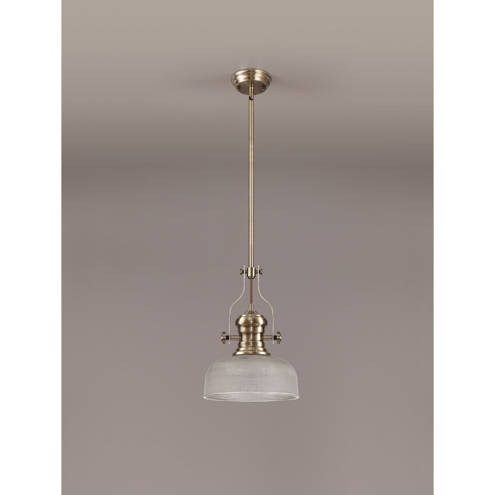 NLK01239 Louis 1 Light Telescopic Pendant With 26.5cm Prismatic Glass Shade Antique Brass/Clear