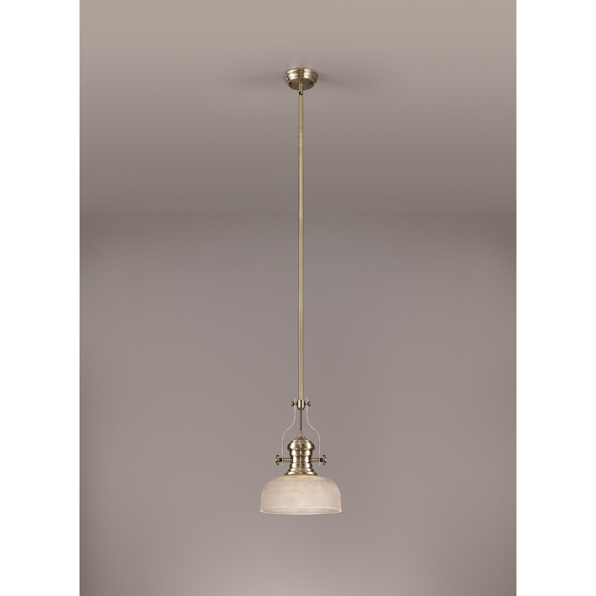 NLK01239 Louis 1 Light Telescopic Pendant With 26.5cm Prismatic Glass Shade Antique Brass/Clear