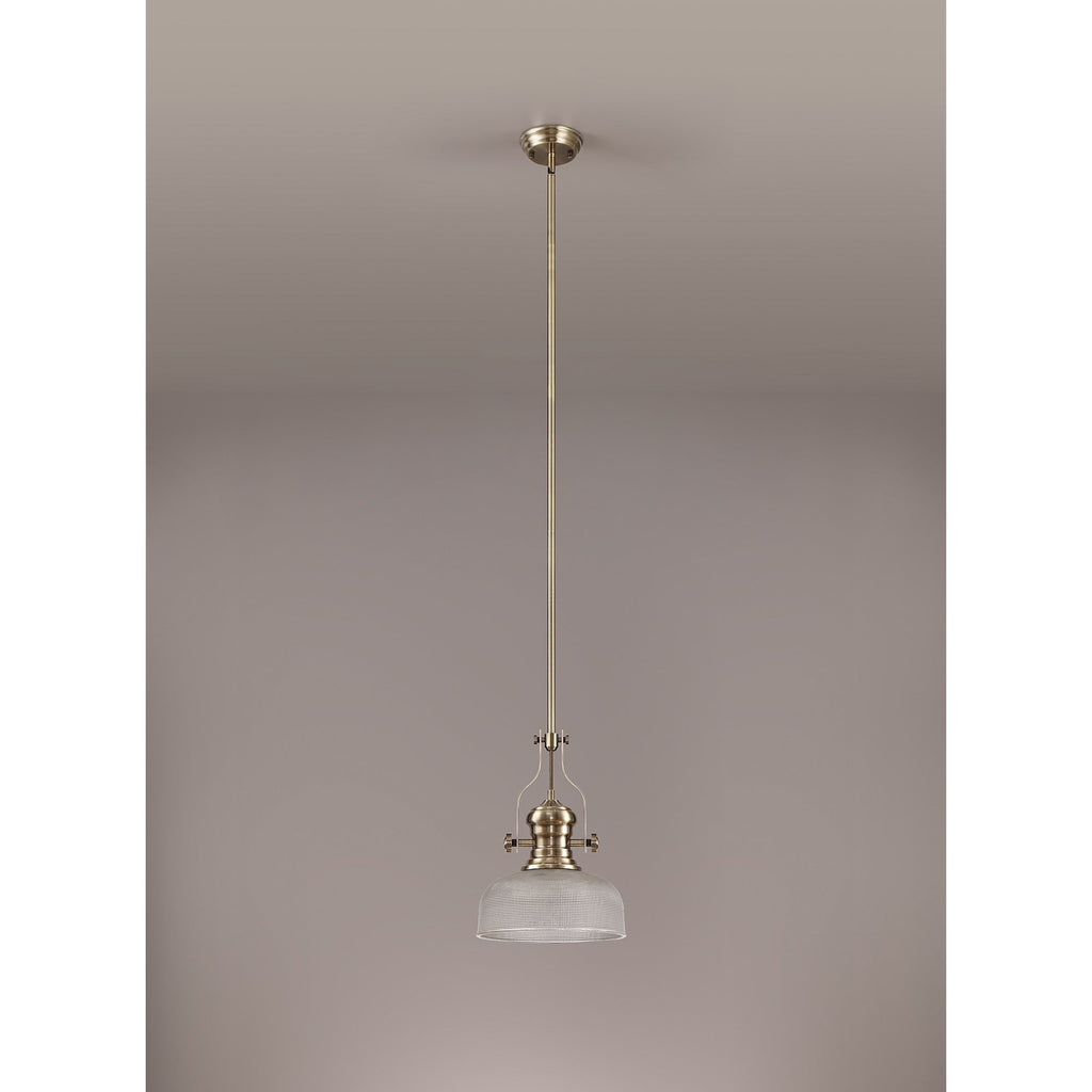 NLK01239 Louis 1 Light Telescopic Pendant With 26.5cm Prismatic Glass Shade Antique Brass/Clear