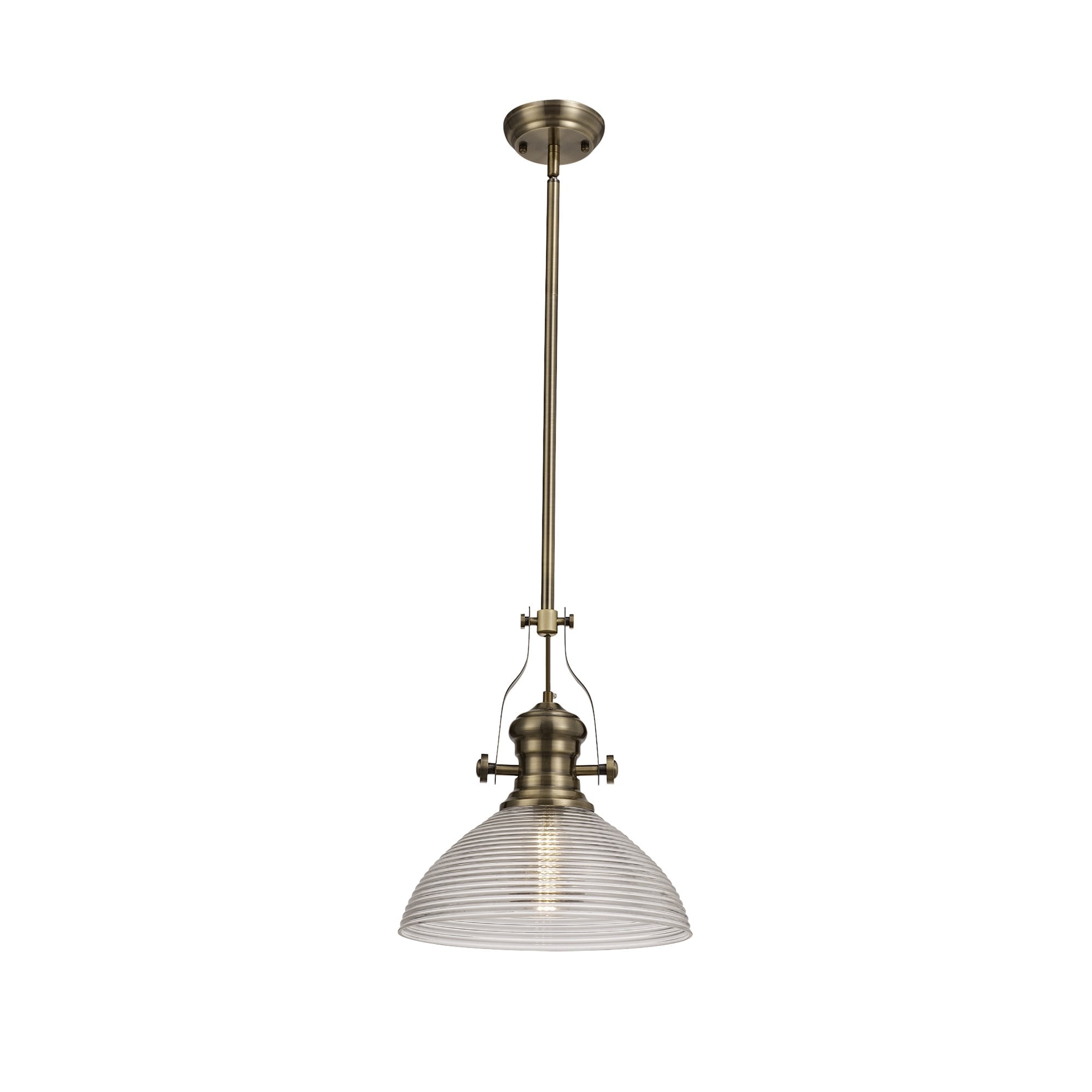 NLK01249 Louis 1 Light Telescopic Pendant With 33.5cm Prismatic Glass Shade Antique Brass/Clear