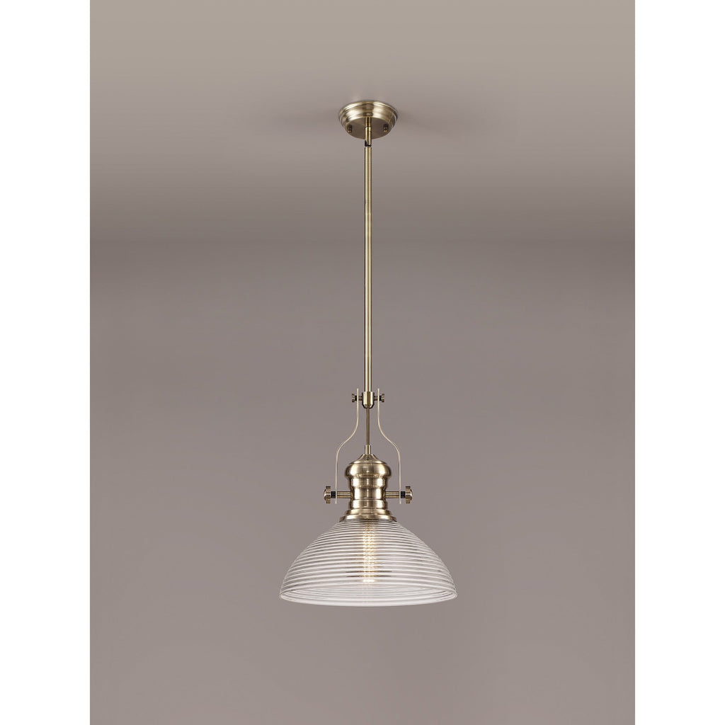 NLK01249 Louis 1 Light Telescopic Pendant With 33.5cm Prismatic Glass Shade Antique Brass/Clear