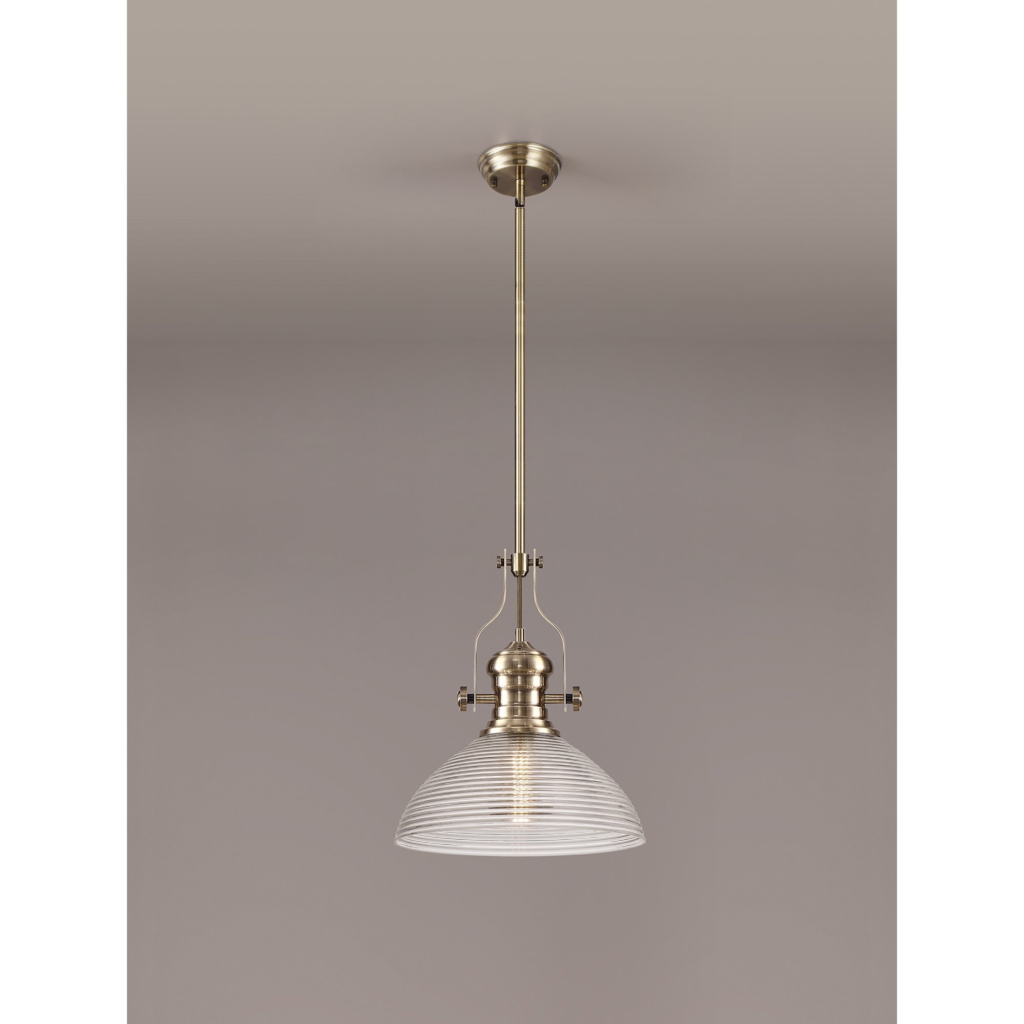 NLK01249 Louis 1 Light Telescopic Pendant With 33.5cm Prismatic Glass Shade Antique Brass/Clear